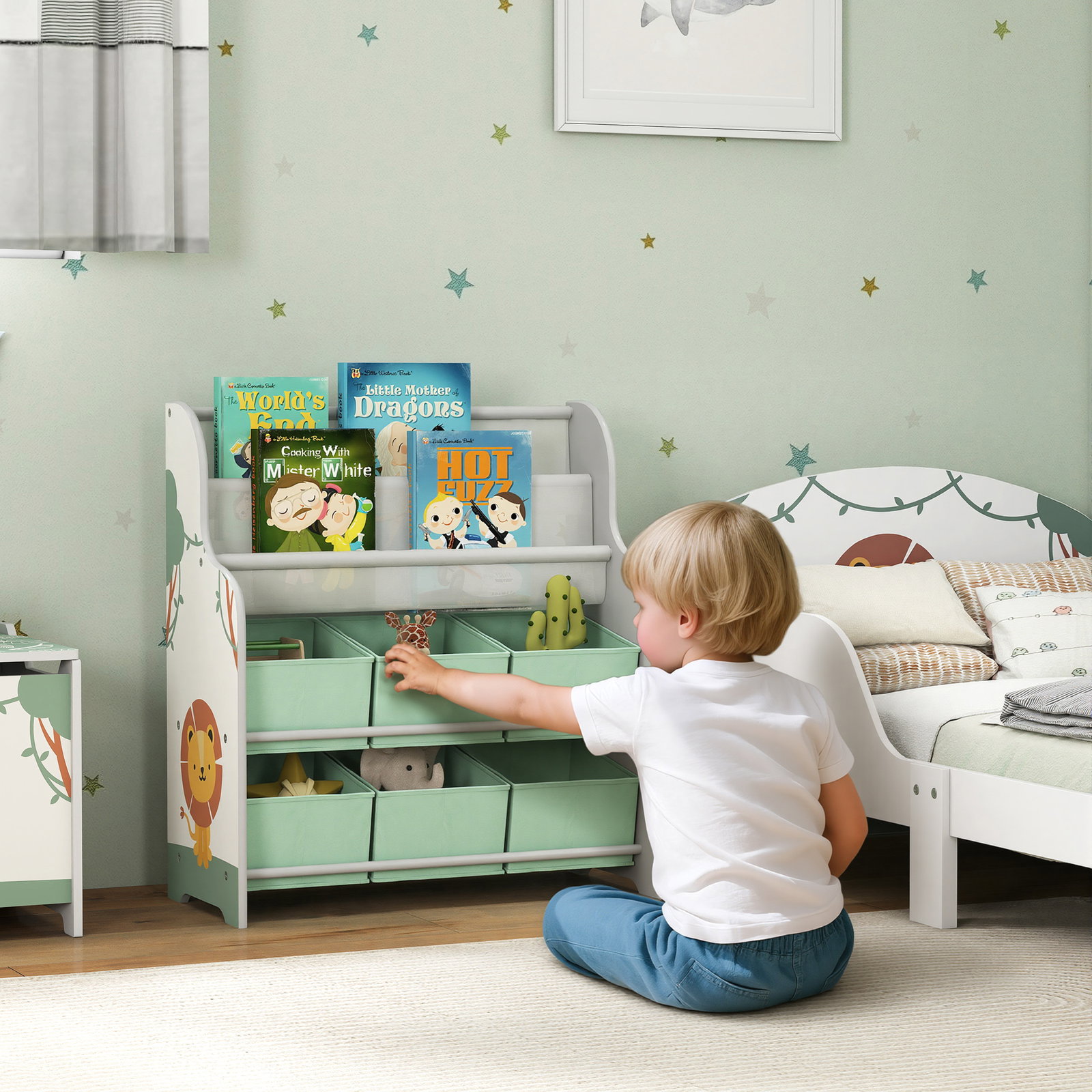 Estante infantil para brinquedos com 6 caixas de tecido não tecido organizador de brinquedos com 2 prateleiras 63x30x71 cm verde
