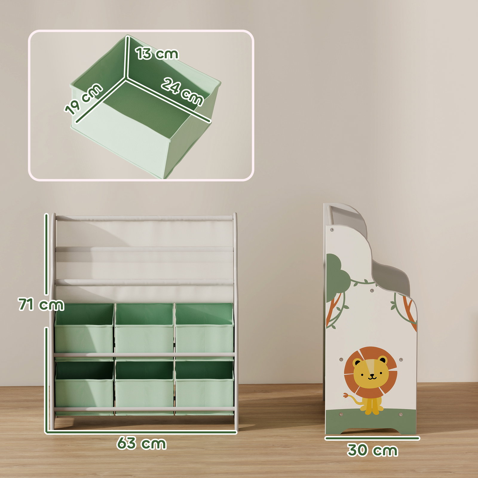 Estante infantil para brinquedos com 6 caixas de tecido não tecido organizador de brinquedos com 2 prateleiras 63x30x71 cm verde