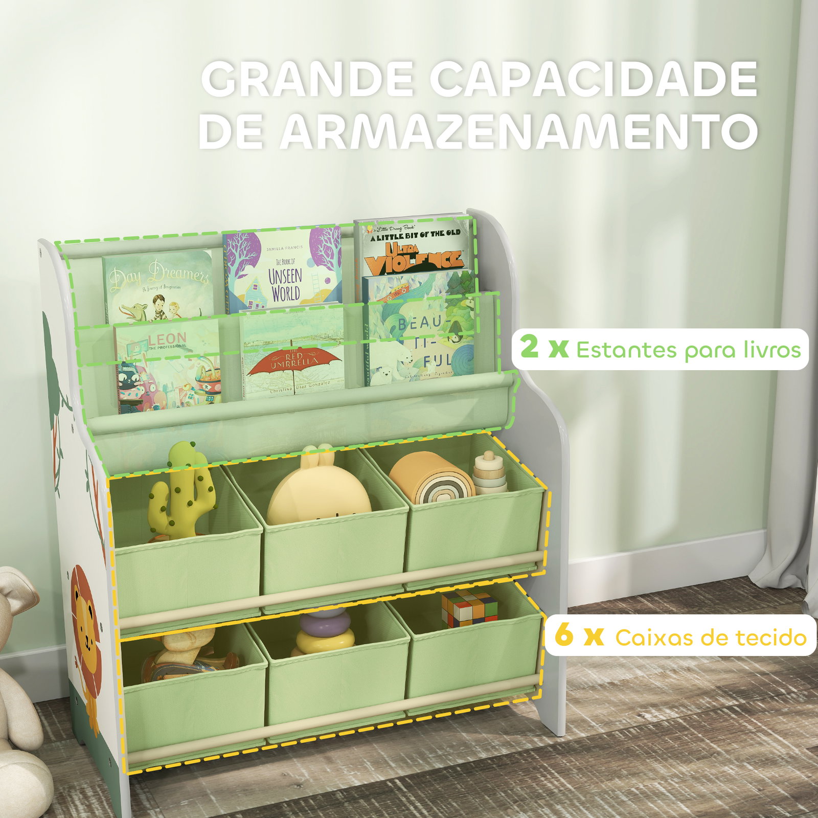 Estante infantil para brinquedos com 6 caixas de tecido não tecido organizador de brinquedos com 2 prateleiras 63x30x71 cm verde