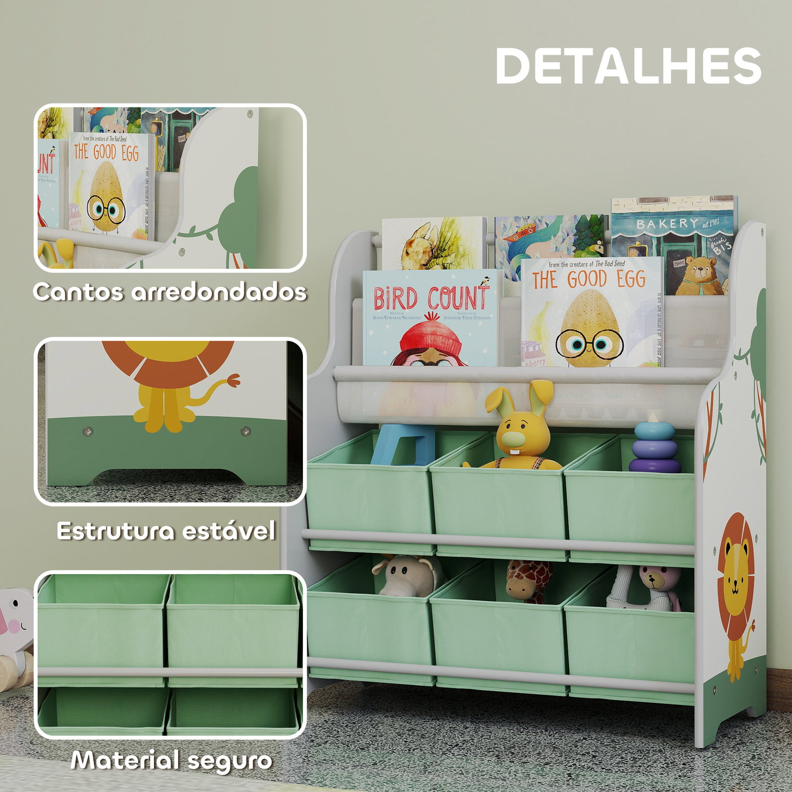 Estante infantil para brinquedos com 6 caixas de tecido não tecido organizador de brinquedos com 2 prateleiras 63x30x71 cm verde