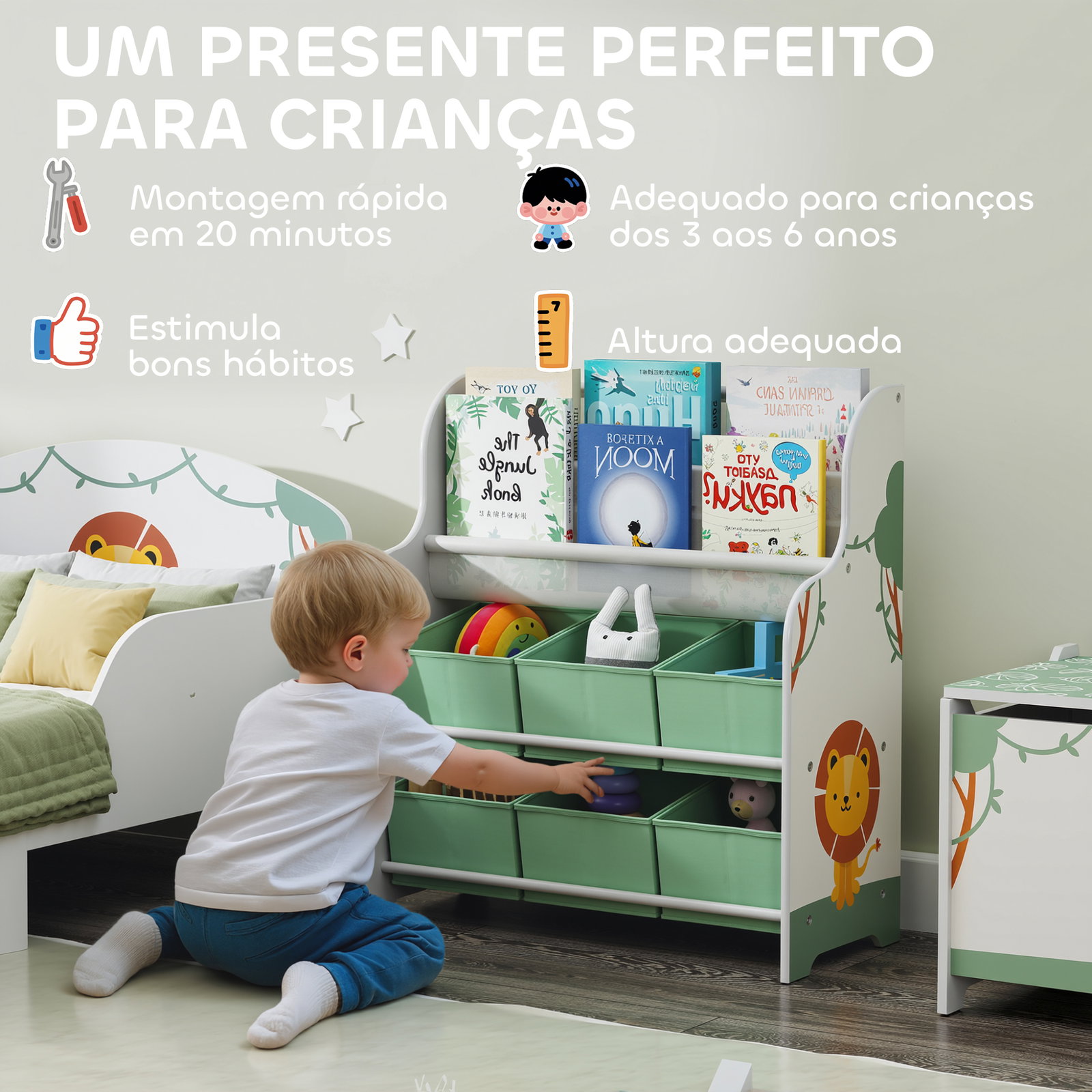 Estante infantil para brinquedos com 6 caixas de tecido não tecido organizador de brinquedos com 2 prateleiras 63x30x71 cm verde