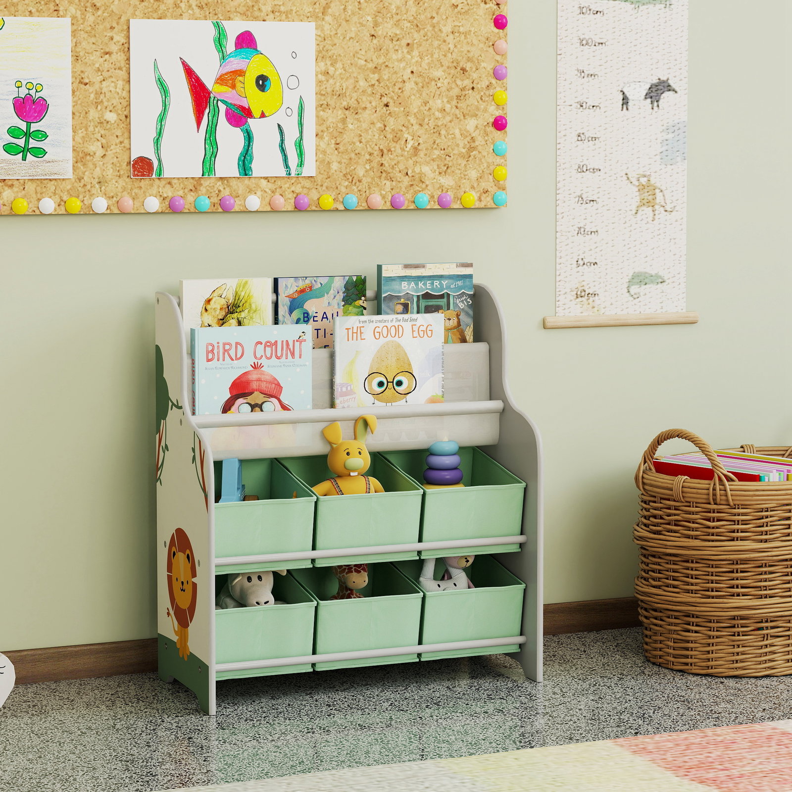 Estante infantil para brinquedos com 6 caixas de tecido não tecido organizador de brinquedos com 2 prateleiras 63x30x71 cm verde