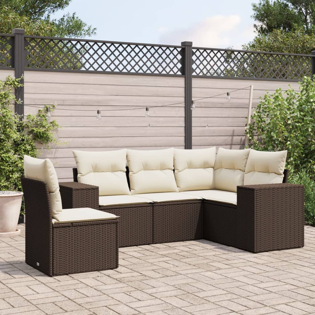 5 Pcs conjunto sofás p/ jardim c/ almofadões vime PE castanho