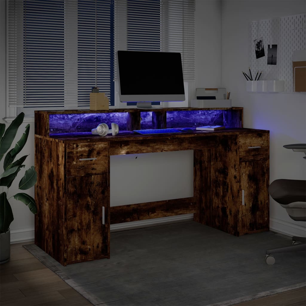 Secretária luzes LED 160x55x91cm deriv. madeira carvalho fumado