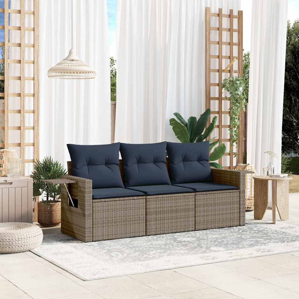 Conjunto de sofá de jardim de 3 peças com almofadas em rattan sintético cinza