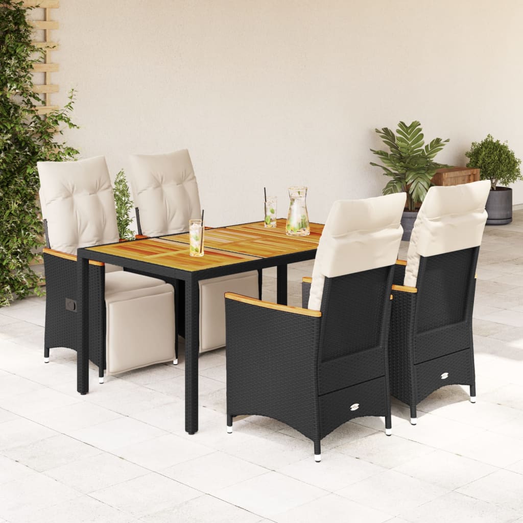 5 Pcs conjunto bistrô de jardim c/ almofadões vime PE preto