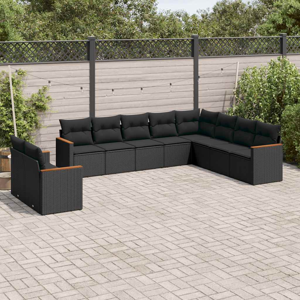 10 Pcs conjunto sofás de jardim c/ almofadões vime PE preto