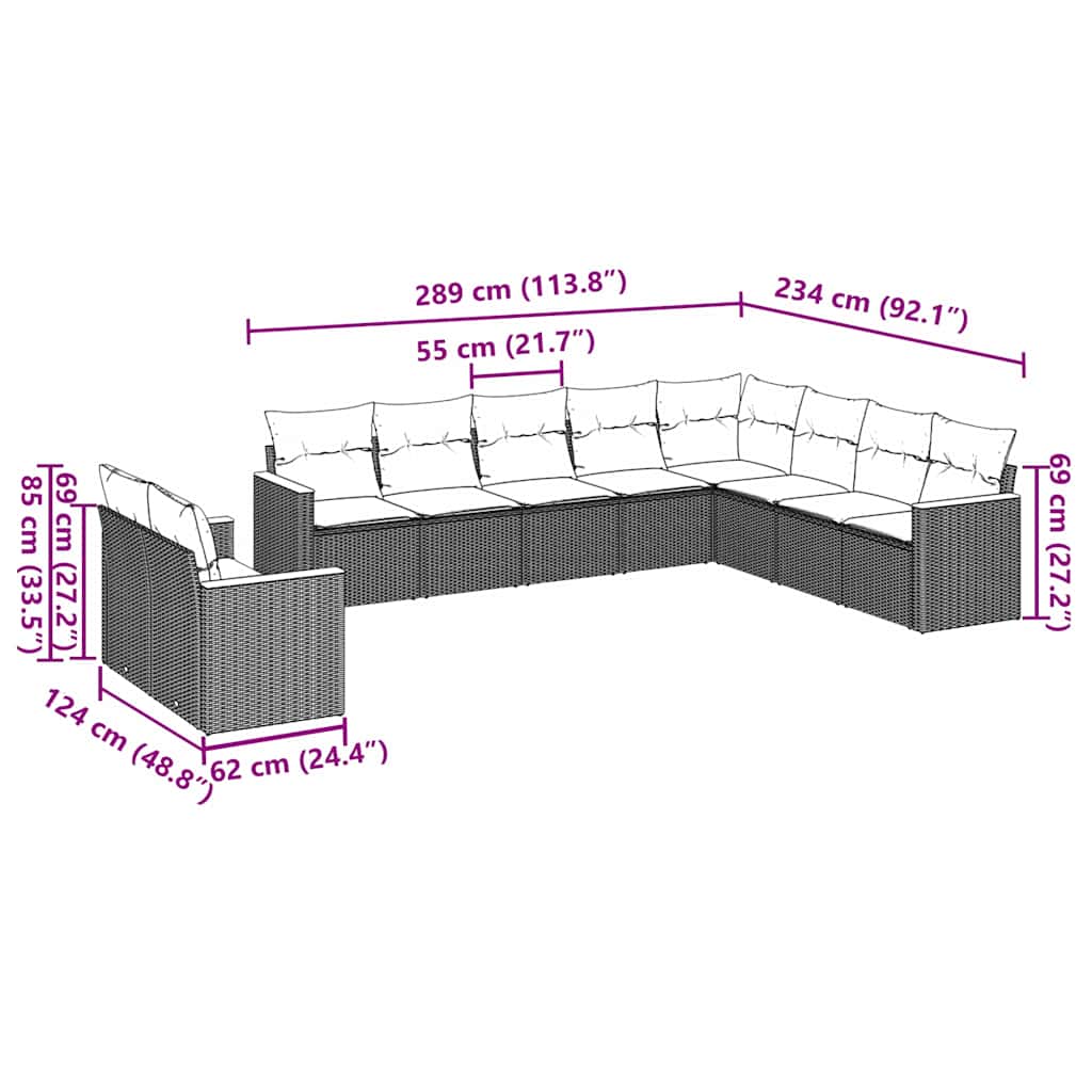10 Pcs conjunto sofás de jardim c/ almofadões vime PE preto