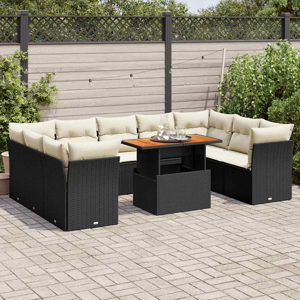 10 Pcs conjunto sofás de jardim c/ almofadões vime PE preto