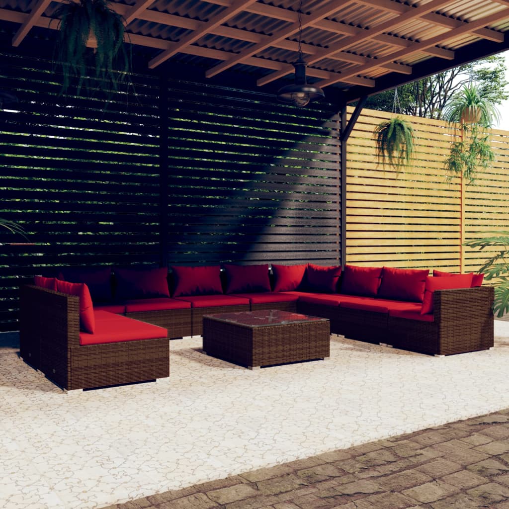 11 Pcs conjunto lounge jardim c/ almofadões vime PE castanho