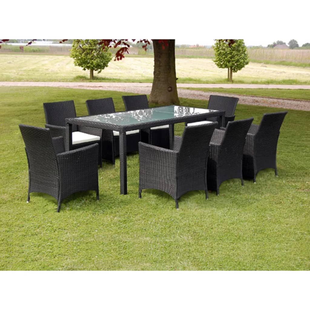 9 Pcs conjunto jantar exterior com almofadões vime PE preto