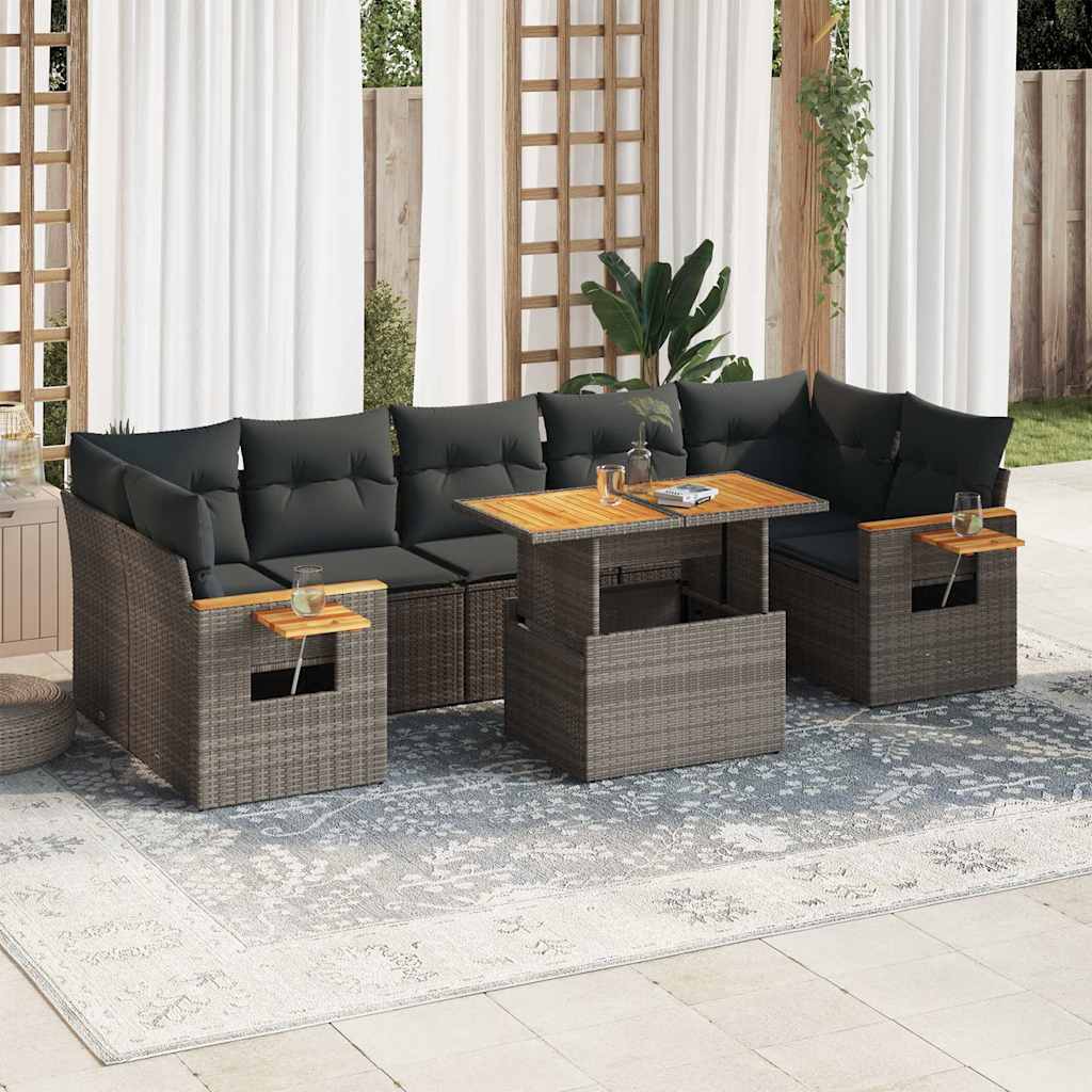 8 Pcs conjunto sofás jardim almofadões vime PE/acácia cinzento