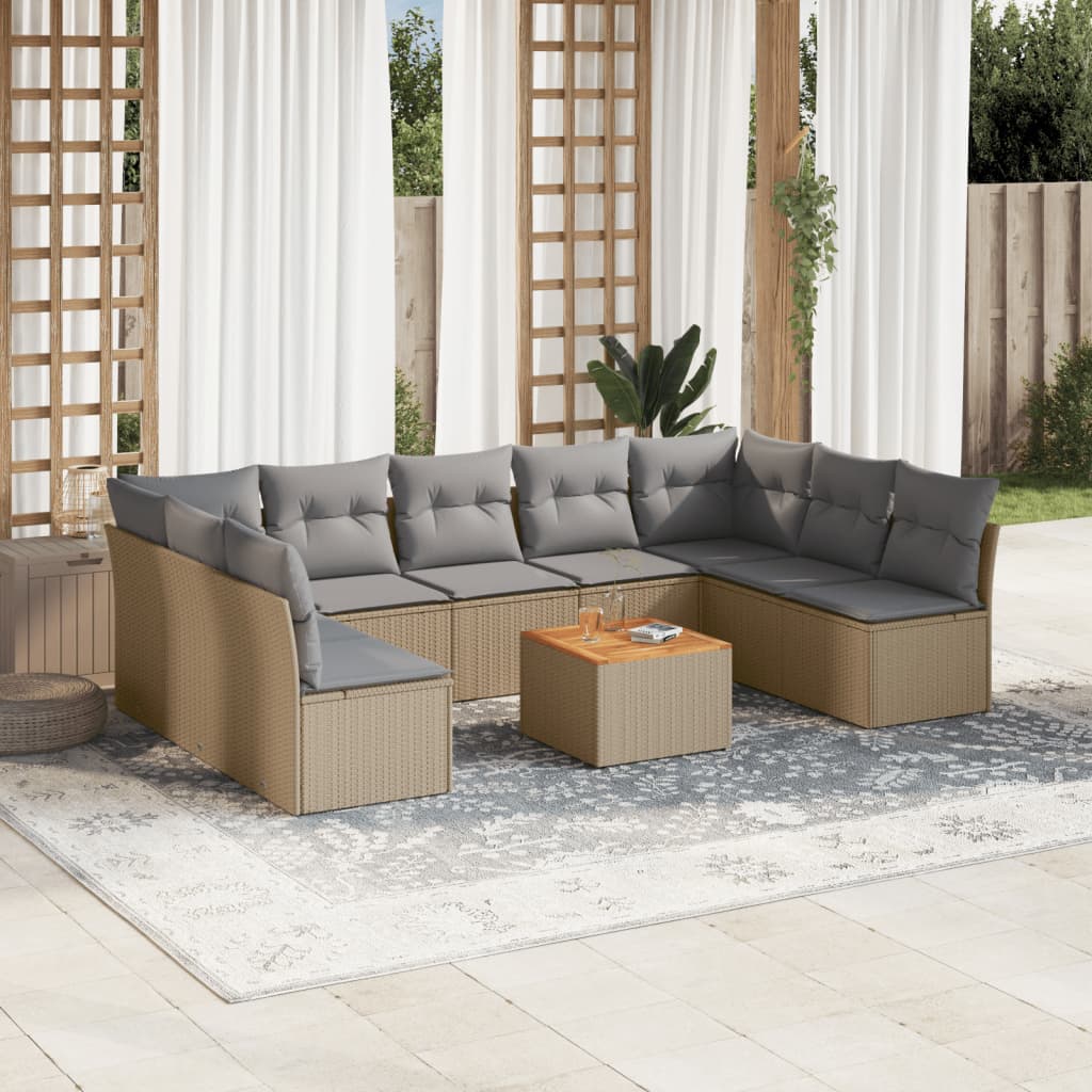 10 Pcs conjunto de sofás p/ jardim com almofadões vime PE bege