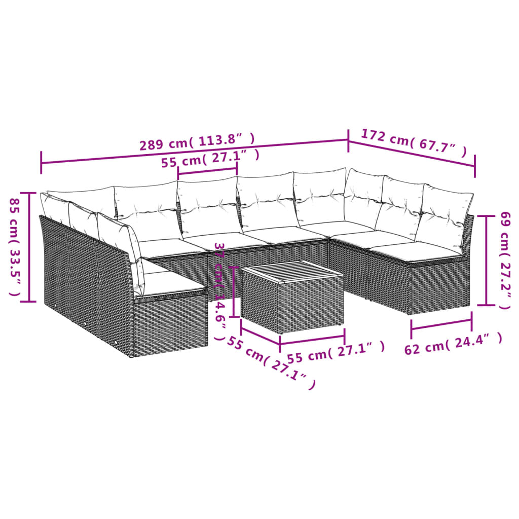 10 Pcs conjunto de sofás p/ jardim com almofadões vime PE bege