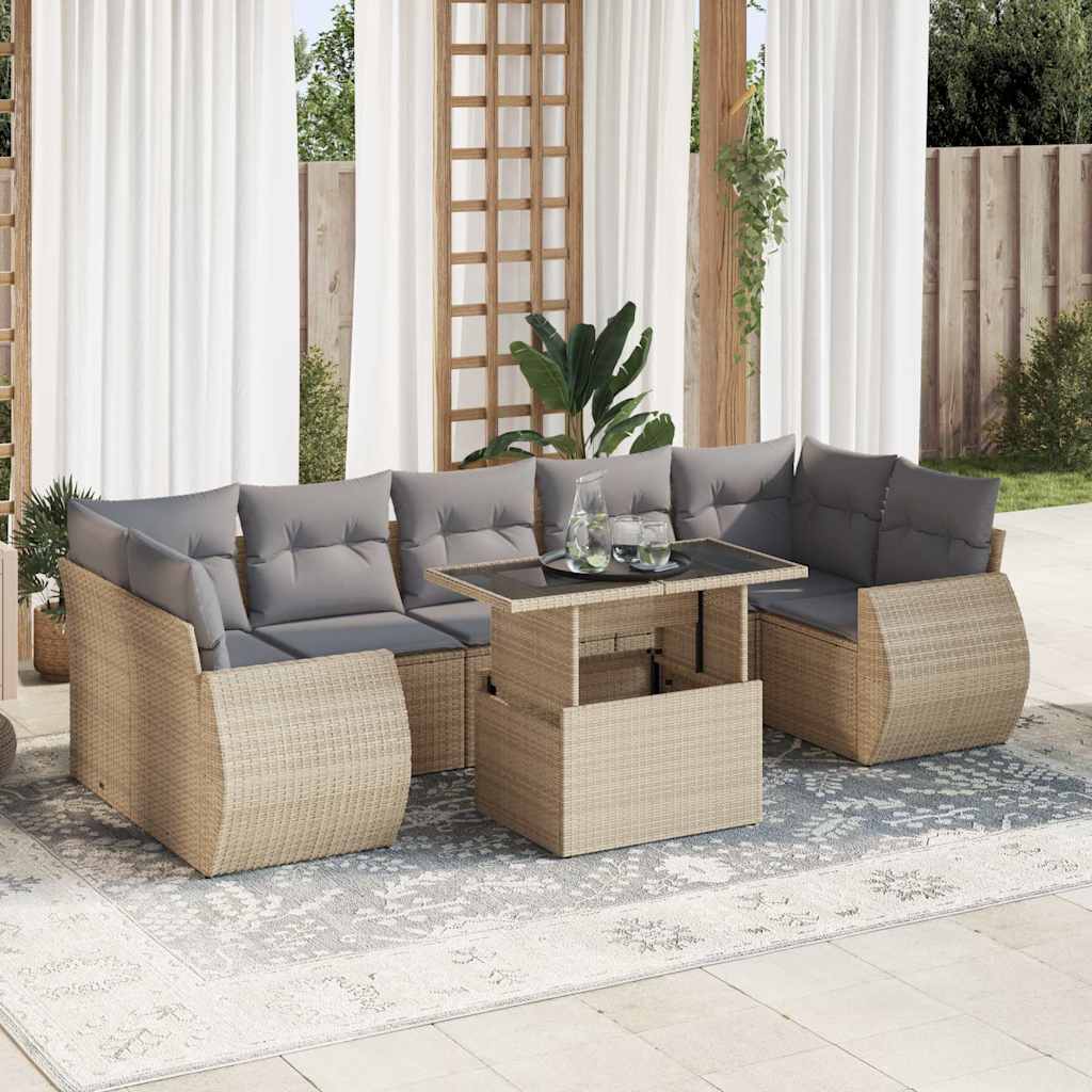 8 Pcs conjunto de sofás p/ jardim com almofadões vime PE bege
