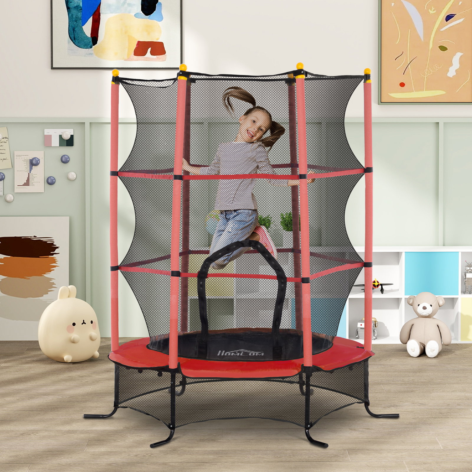 Trampolim para crianças com rede de segurança e estrutura de aço para interiores e exteriores carga 50 kg ø163x190 cm vermelho