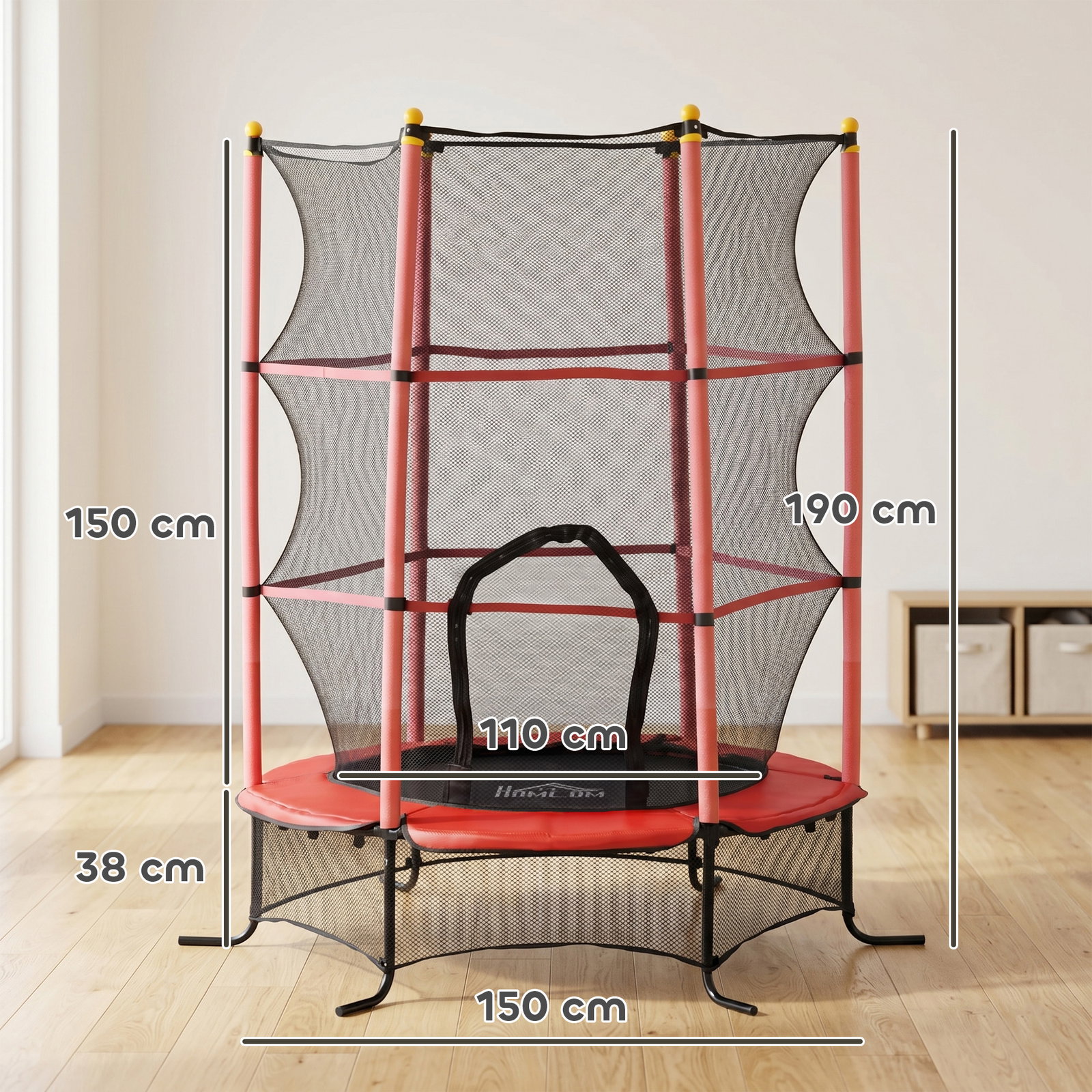 Trampolim para crianças com rede de segurança e estrutura de aço para interiores e exteriores carga 50 kg ø163x190 cm vermelho