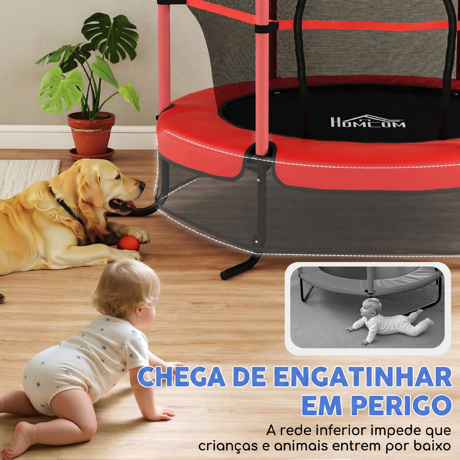 Trampolim para crianças com rede de segurança e estrutura de aço para interiores e exteriores carga 50 kg ø163x190 cm vermelho