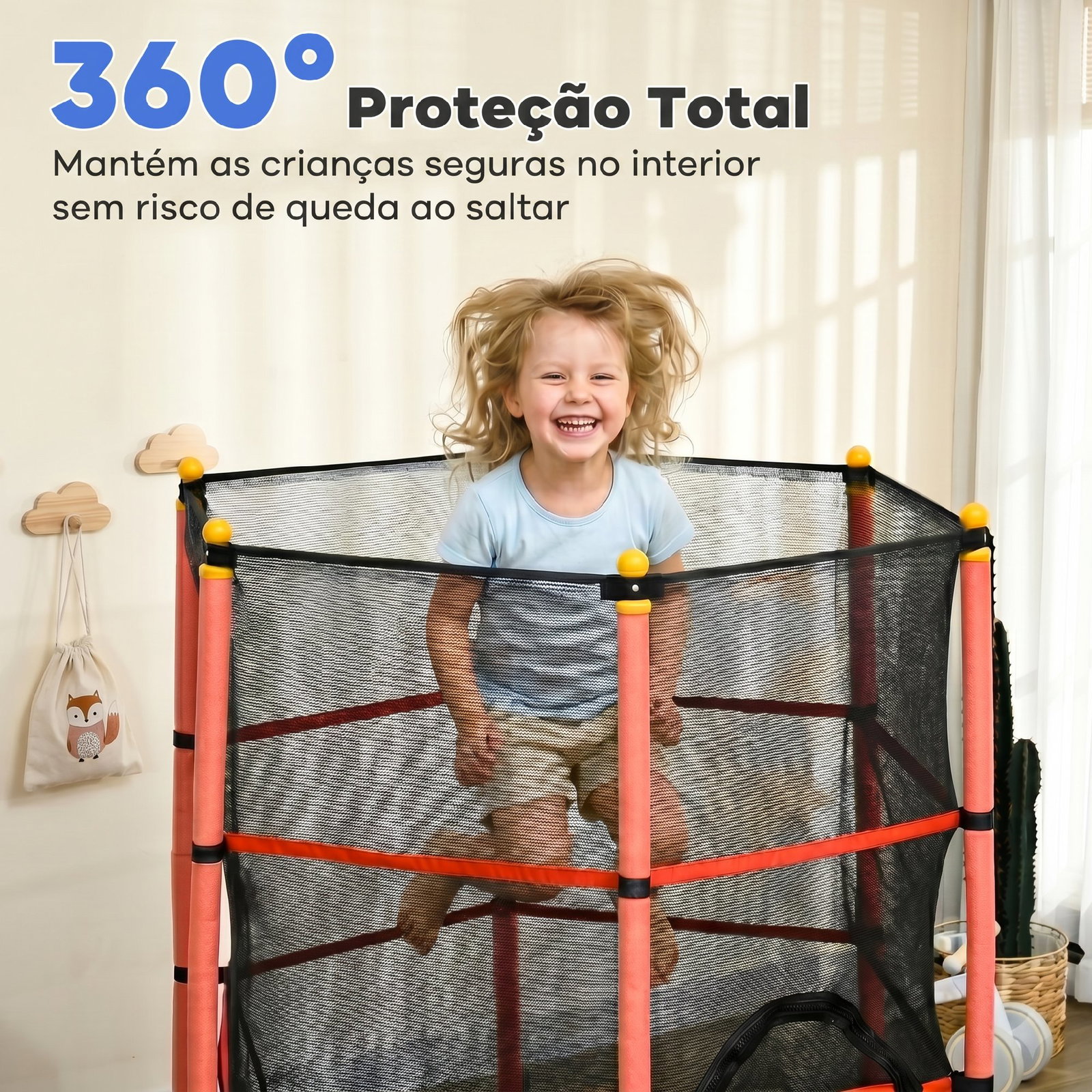 Trampolim para crianças com rede de segurança e estrutura de aço para interiores e exteriores carga 50 kg ø163x190 cm vermelho