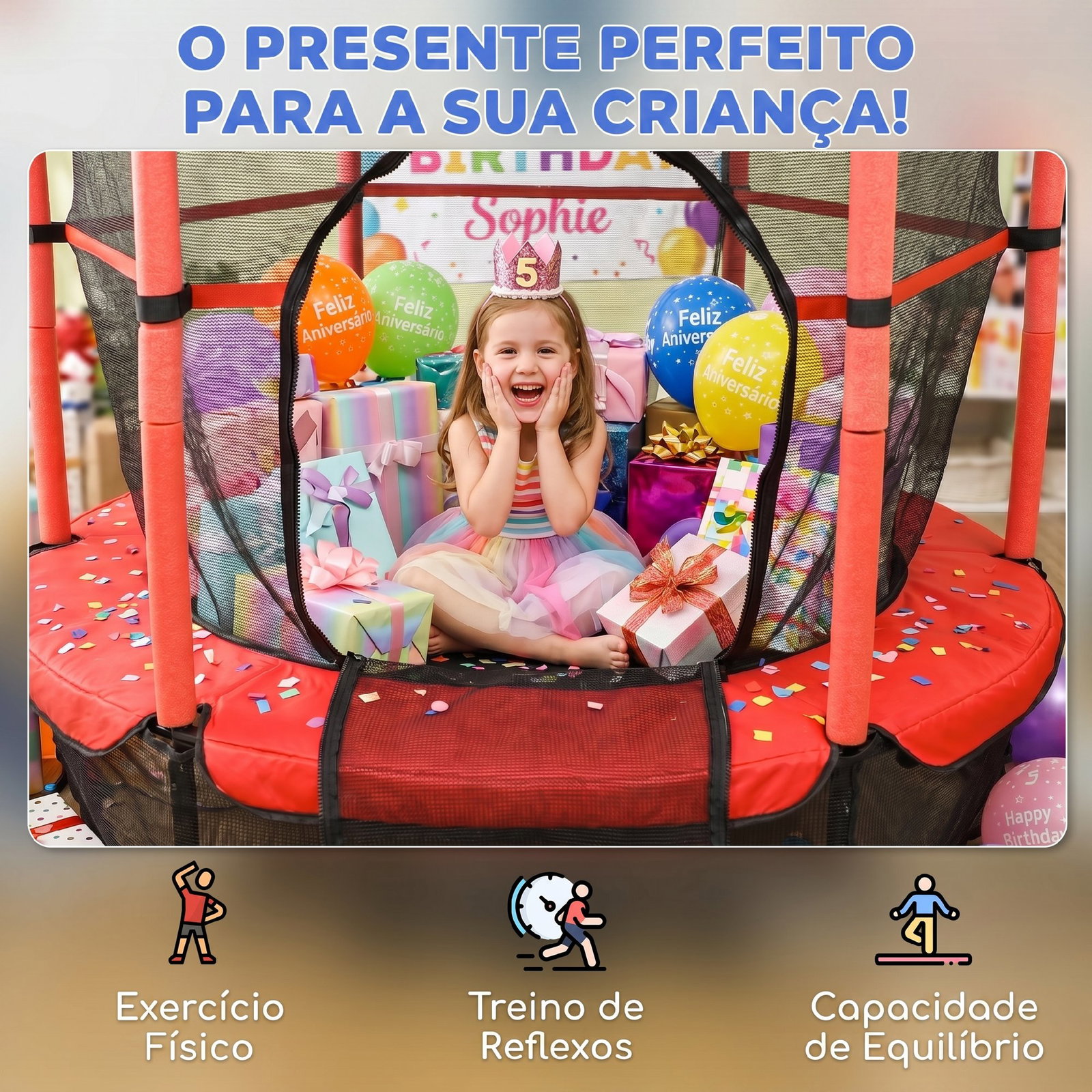 Trampolim para crianças com rede de segurança e estrutura de aço para interiores e exteriores carga 50 kg ø163x190 cm vermelho