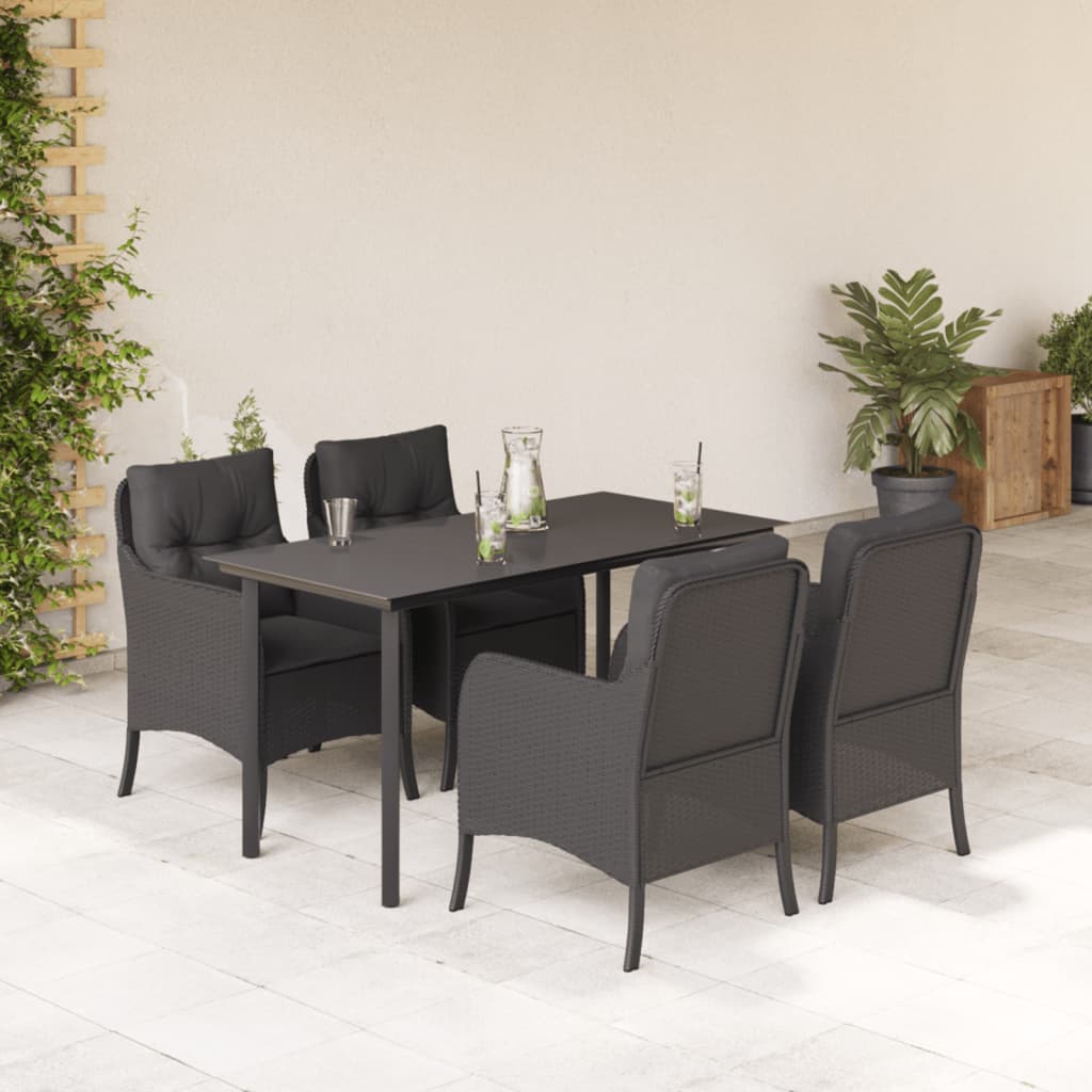5 Pcs conjunto de jantar p/ jardim c/ almofadões vime PE preto