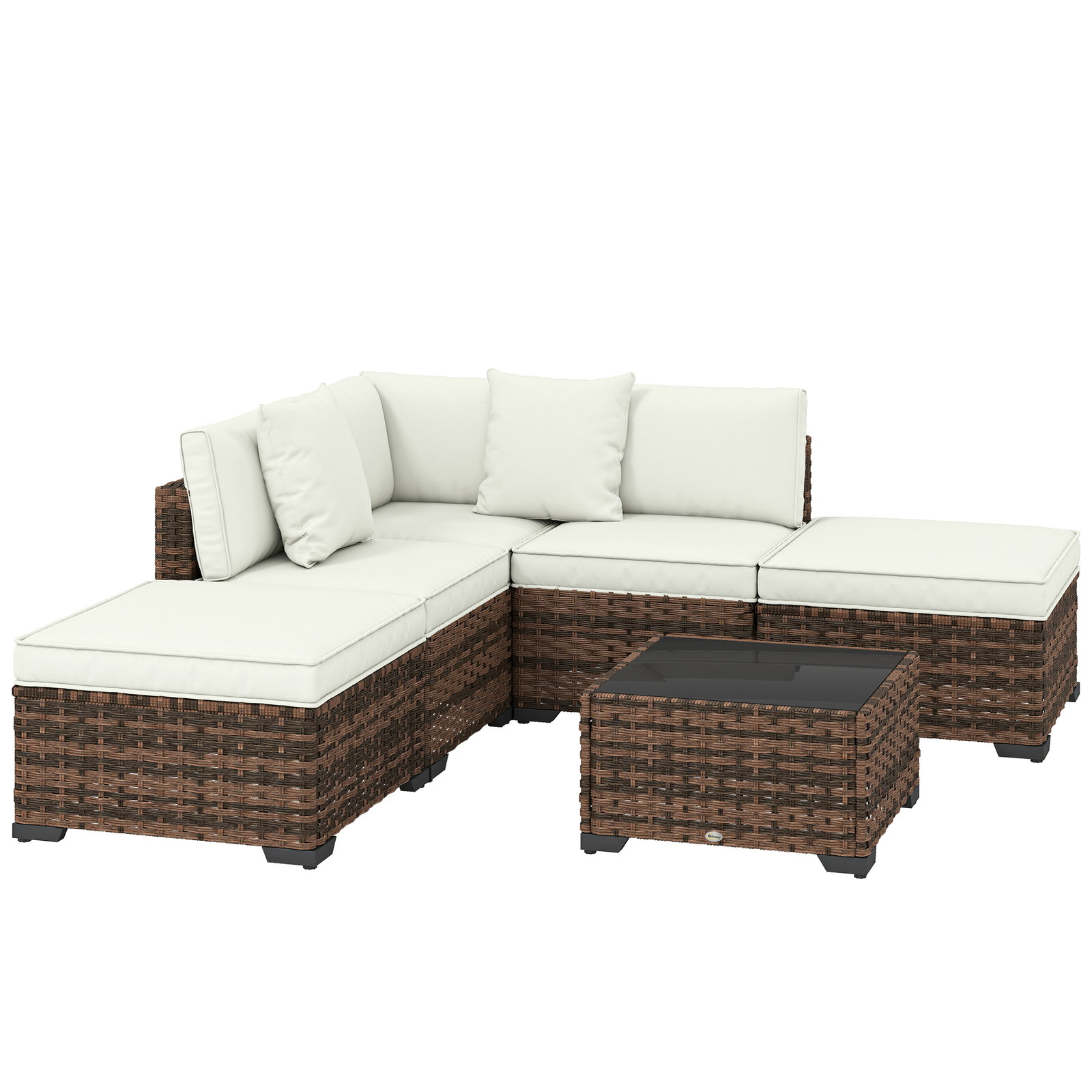 Conjunto de jardim exterior em rattan de 6 peças com cadeira de canto, 2 cadeiras sem braços, apoio para pés e mesa castanha