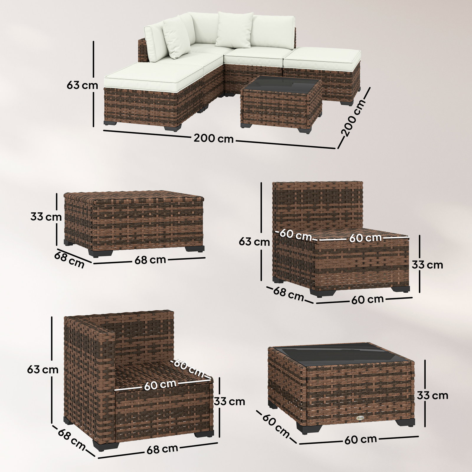 Conjunto de jardim exterior em rattan de 6 peças com cadeira de canto, 2 cadeiras sem braços, apoio para pés e mesa castanha