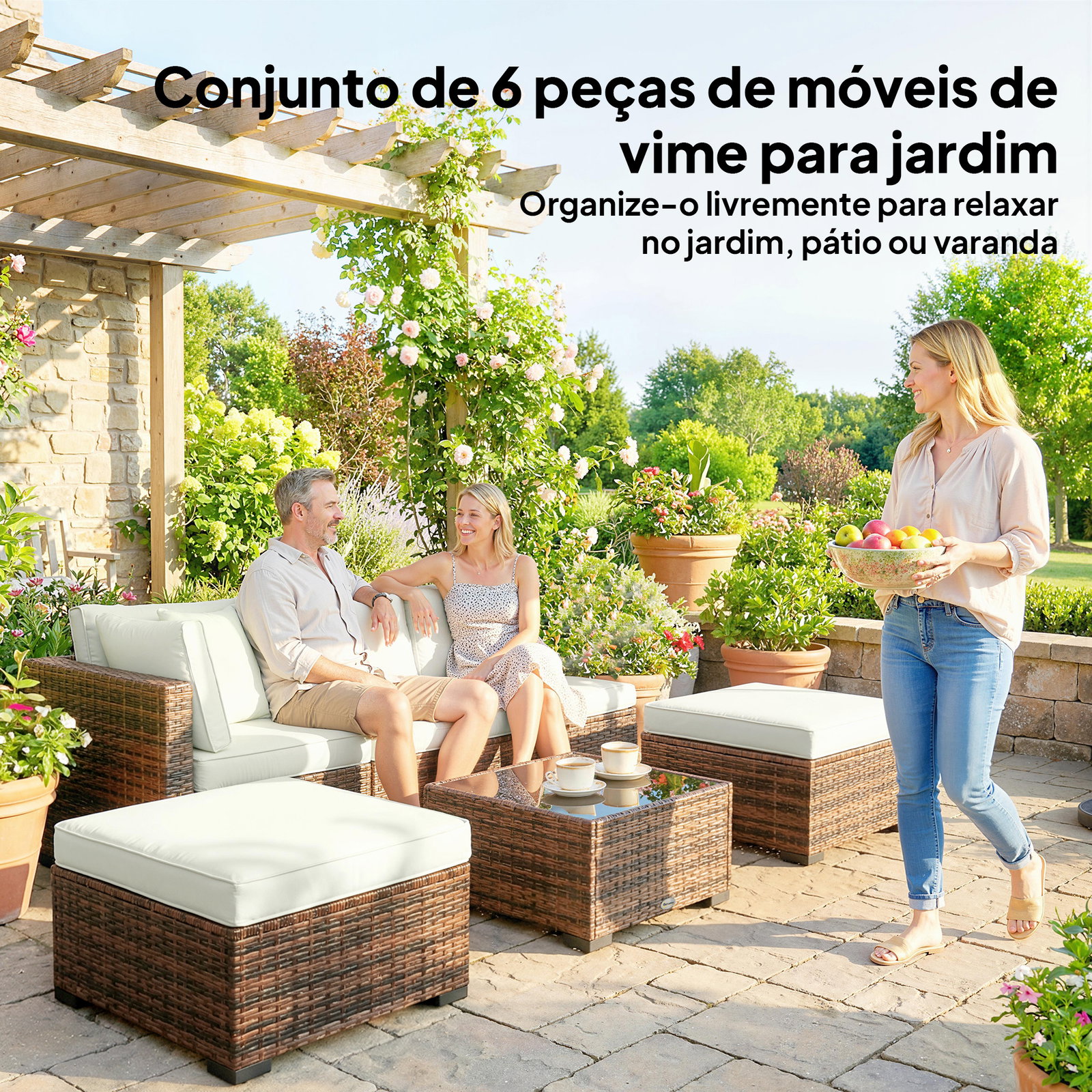 Conjunto de jardim exterior em rattan de 6 peças com cadeira de canto, 2 cadeiras sem braços, apoio para pés e mesa castanha
