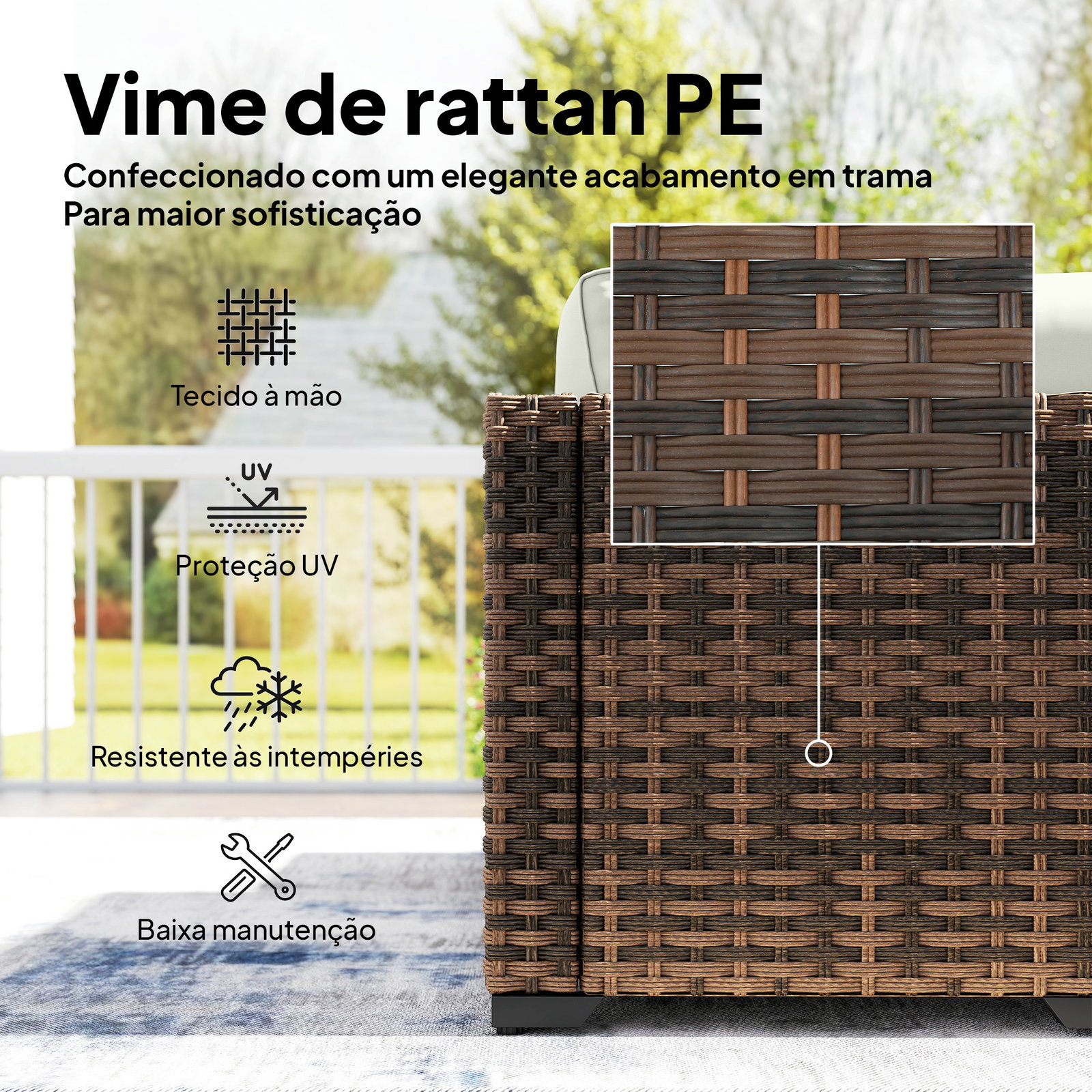 Conjunto de jardim exterior em rattan de 6 peças com cadeira de canto, 2 cadeiras sem braços, apoio para pés e mesa castanha