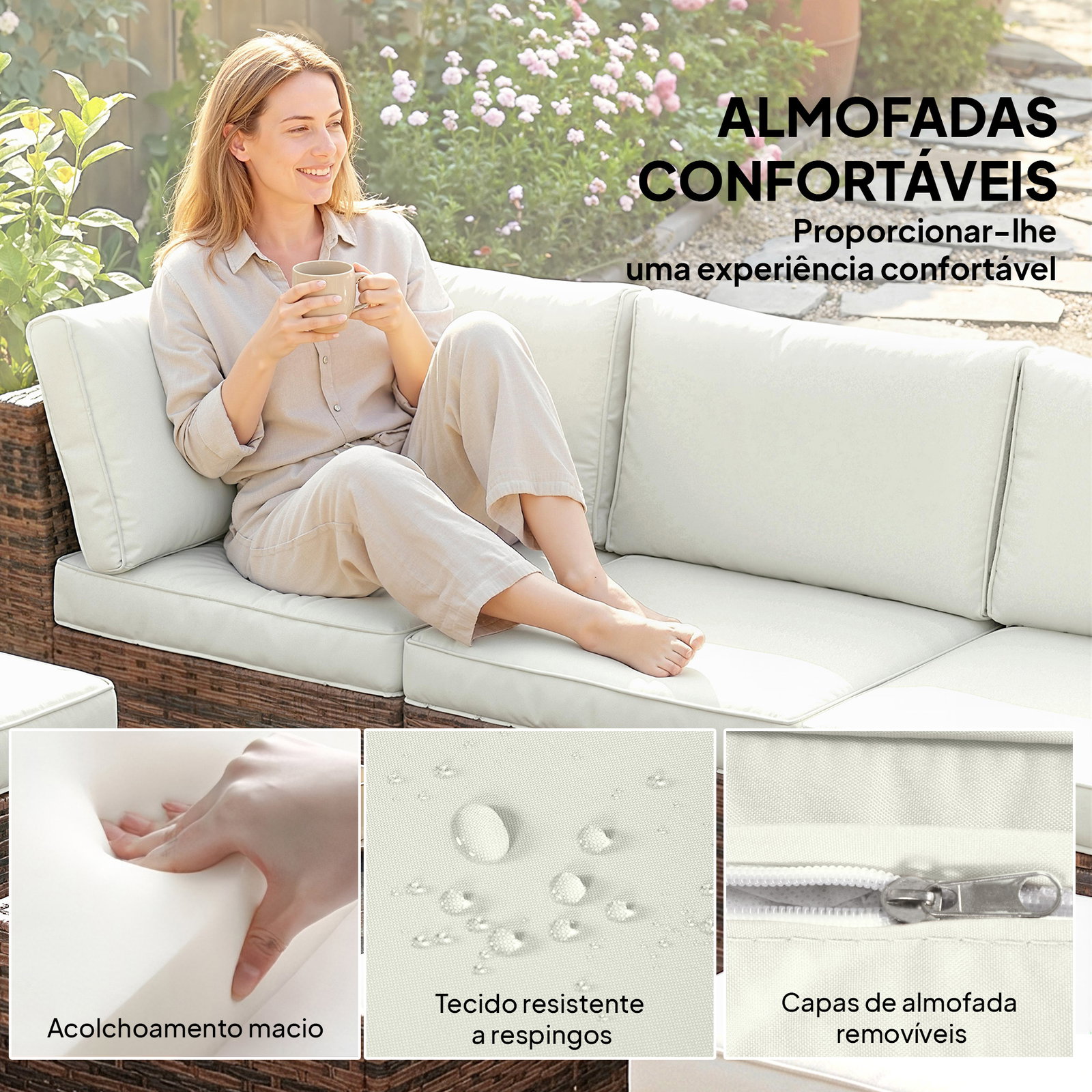 Conjunto de jardim exterior em rattan de 6 peças com cadeira de canto, 2 cadeiras sem braços, apoio para pés e mesa castanha