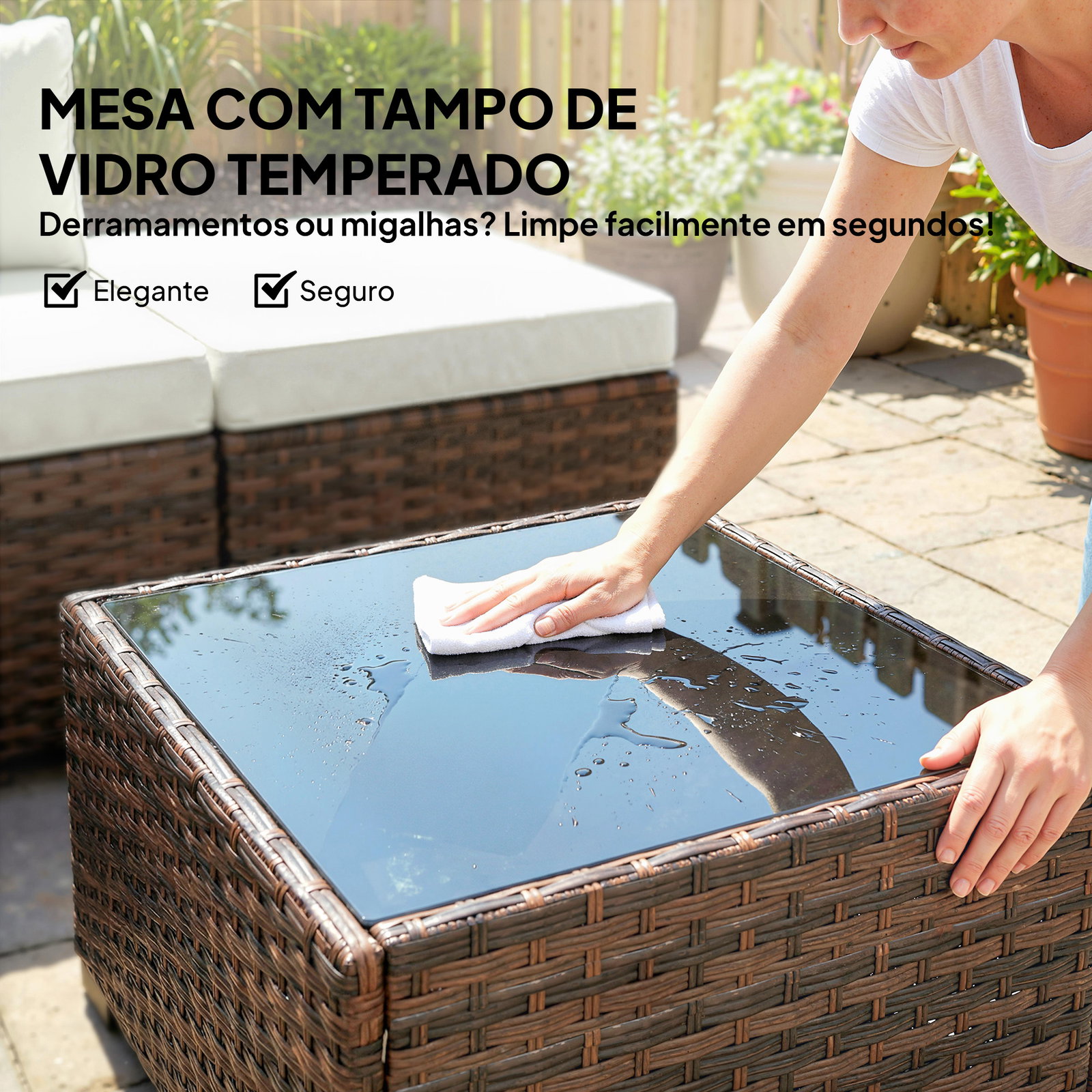 Conjunto de jardim exterior em rattan de 6 peças com cadeira de canto, 2 cadeiras sem braços, apoio para pés e mesa castanha