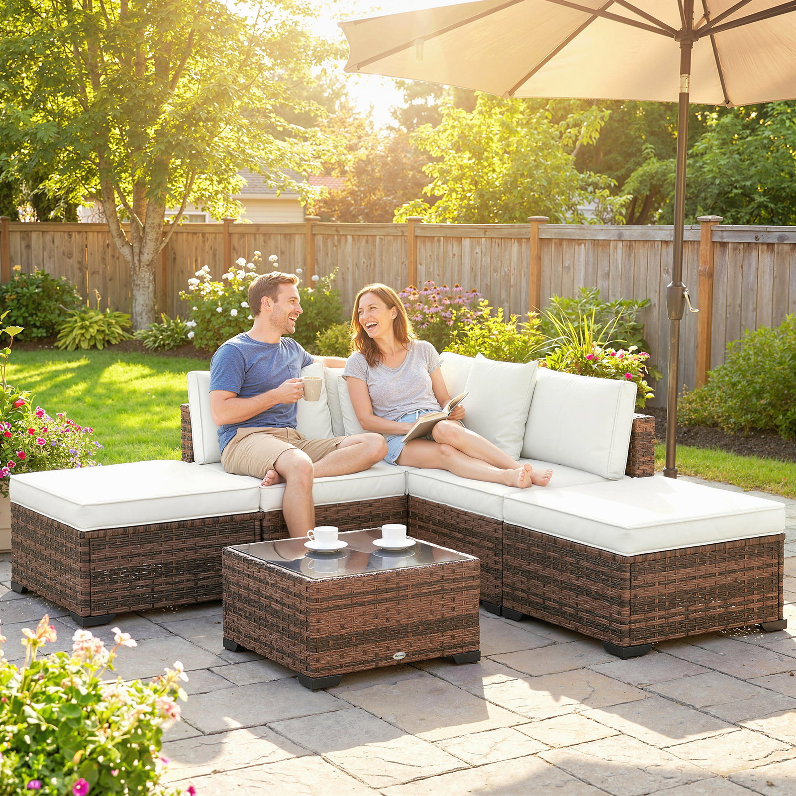 Conjunto de jardim exterior em rattan de 6 peças com cadeira de canto, 2 cadeiras sem braços, apoio para pés e mesa castanha