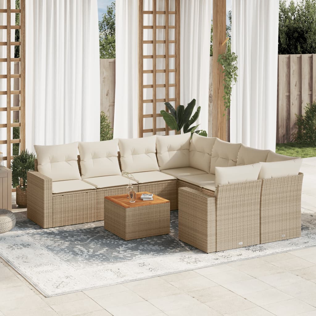 9 Pcs conjunto de sofás p/ jardim com almofadões vime PE bege
