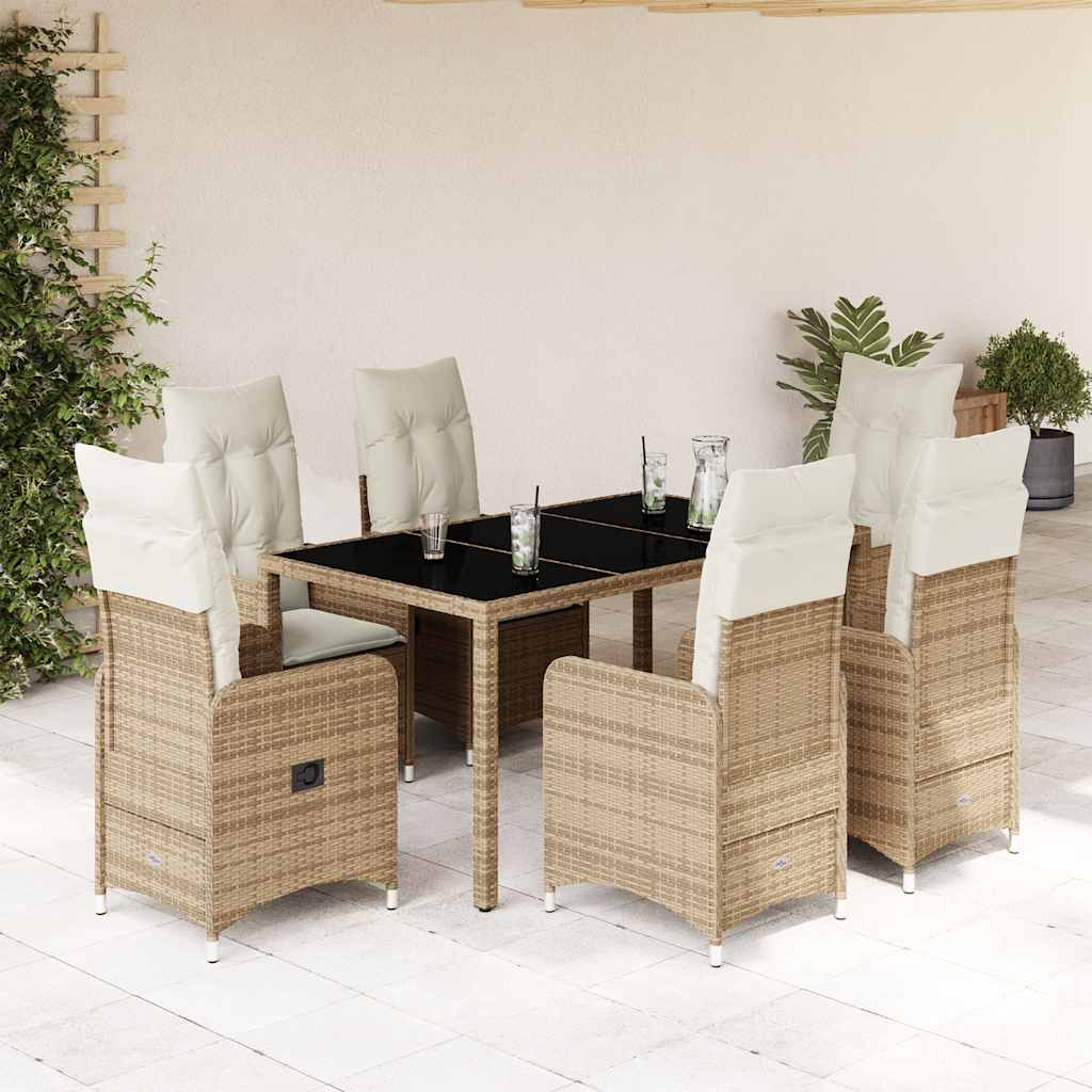 7 Pcs conjunto de bistrô para jardim c/ almofadões vime PE bege
