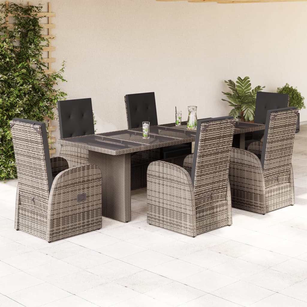 7 Pcs conjunto de jantar p/ jardim c/ almofadões vime PE cinza