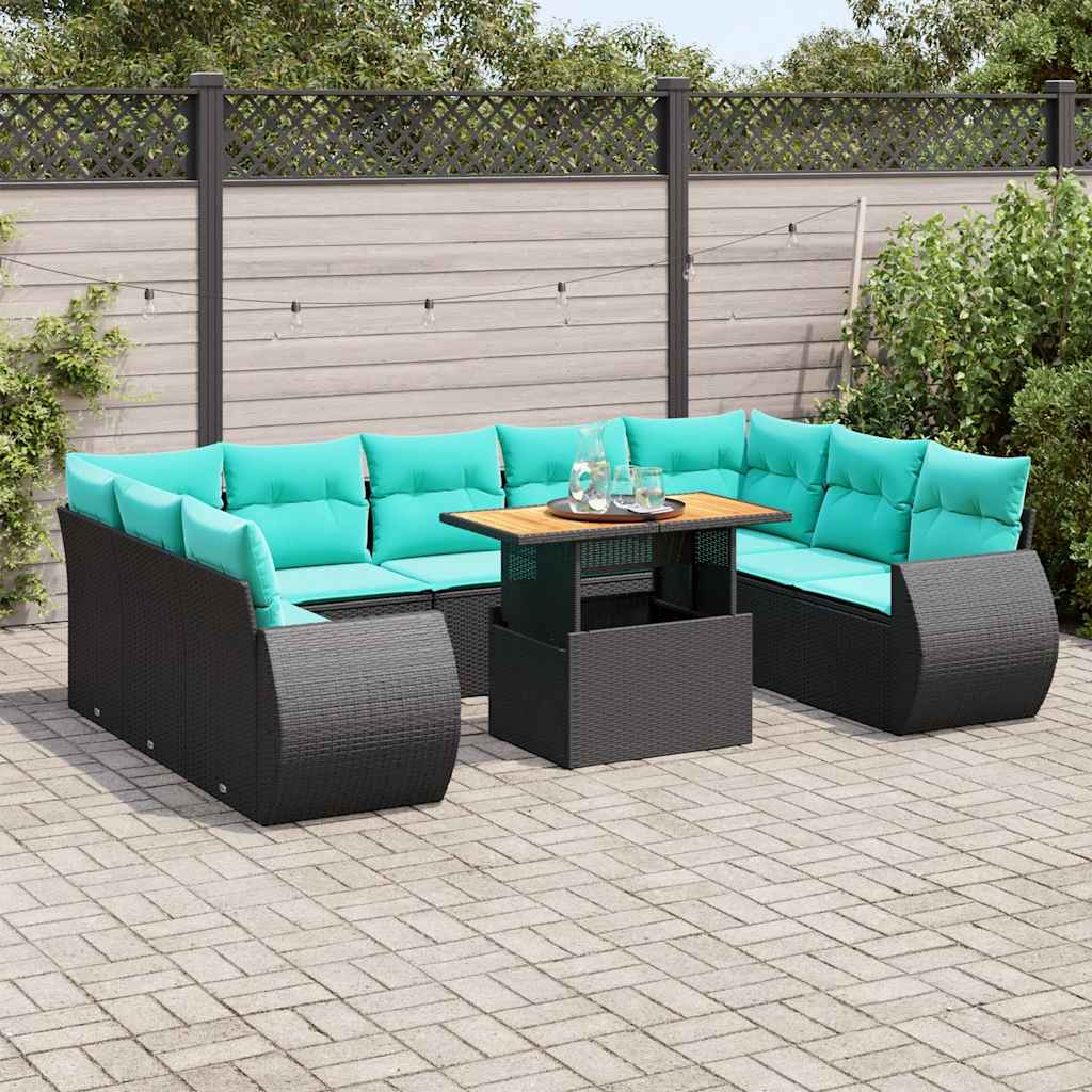 10 Pcs conjunto sofás de jardim c/ almofadões vime PE preto