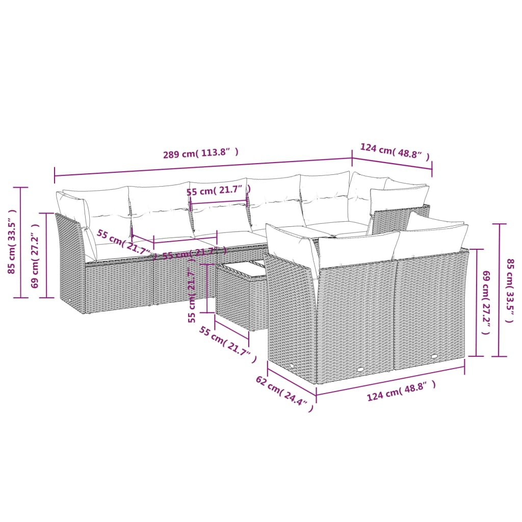 9 Pcs conjunto de sofás p/ jardim com almofadões vime PE bege