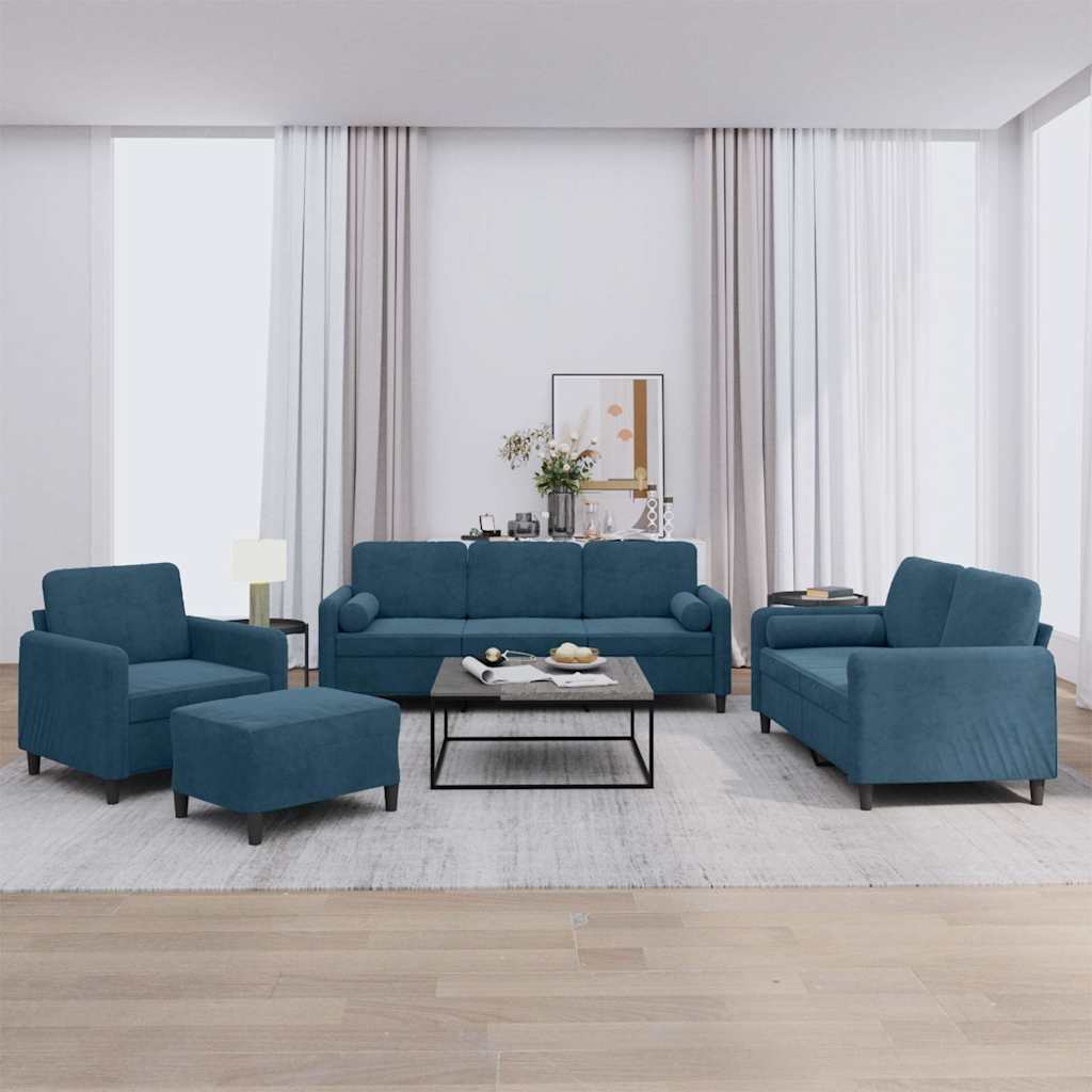 4 Pcs conjunto de sofás com almofadas veludo azul