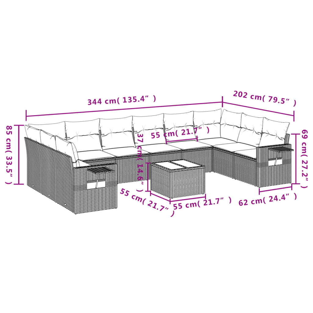 11 Pcs conjunto sofás de jardim c/ almofadões vime PE cinzento