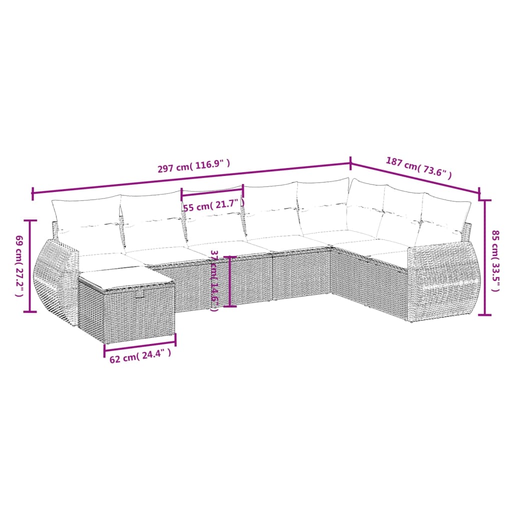 8 Pcs conjunto de sofás p/ jardim com almofadões vime PE bege