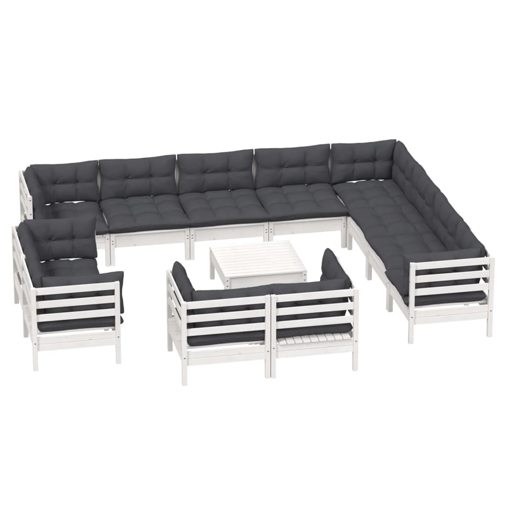 13 Pcs conj. lounge de jardim c/ almofadões pinho maciço branco