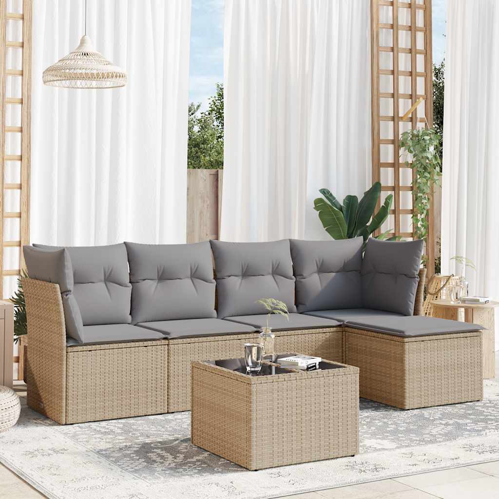6 Pcs conjunto de sofás p/ jardim com almofadões vime PE bege