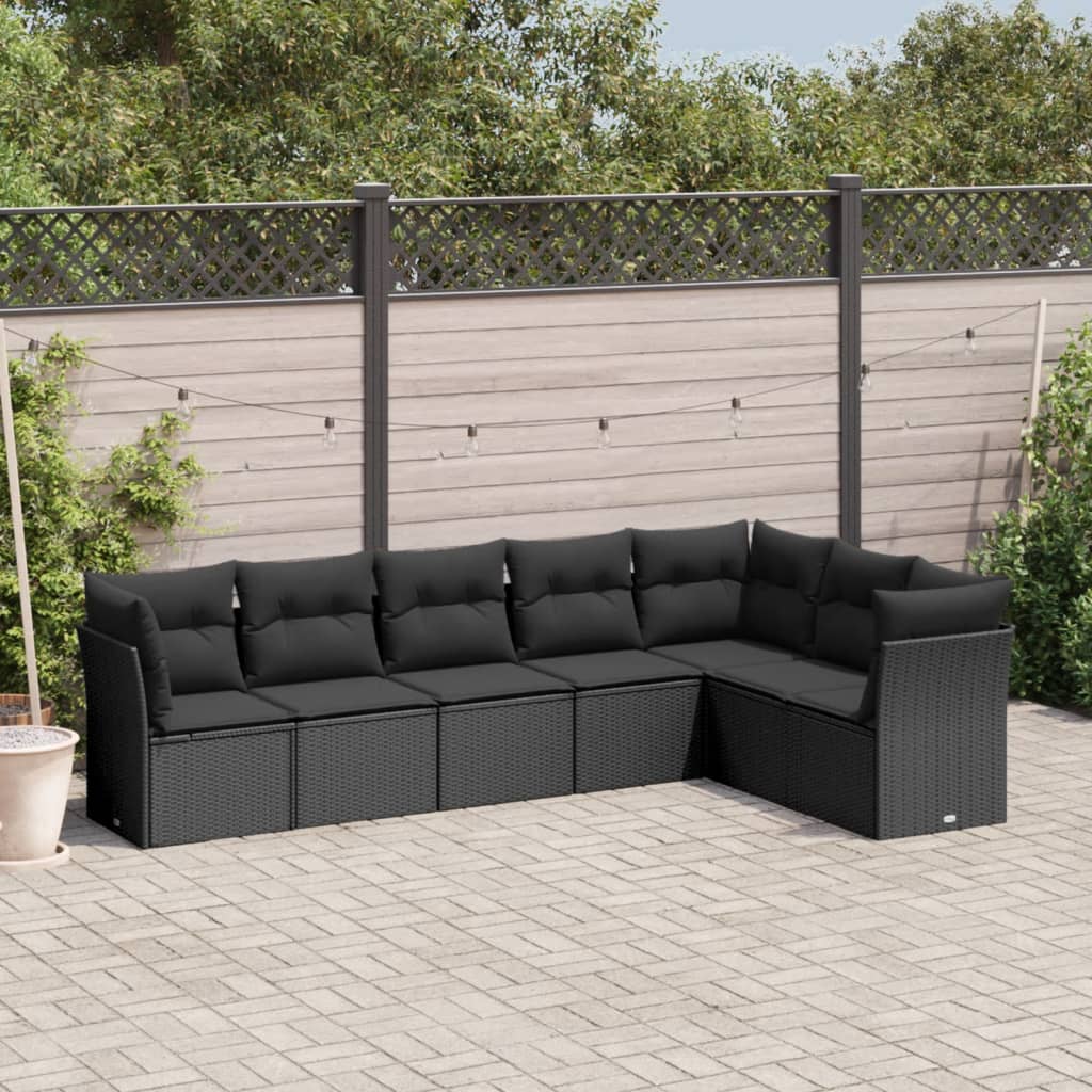 7 Pcs conjunto de sofás p/ jardim c/ almofadões vime PE preto