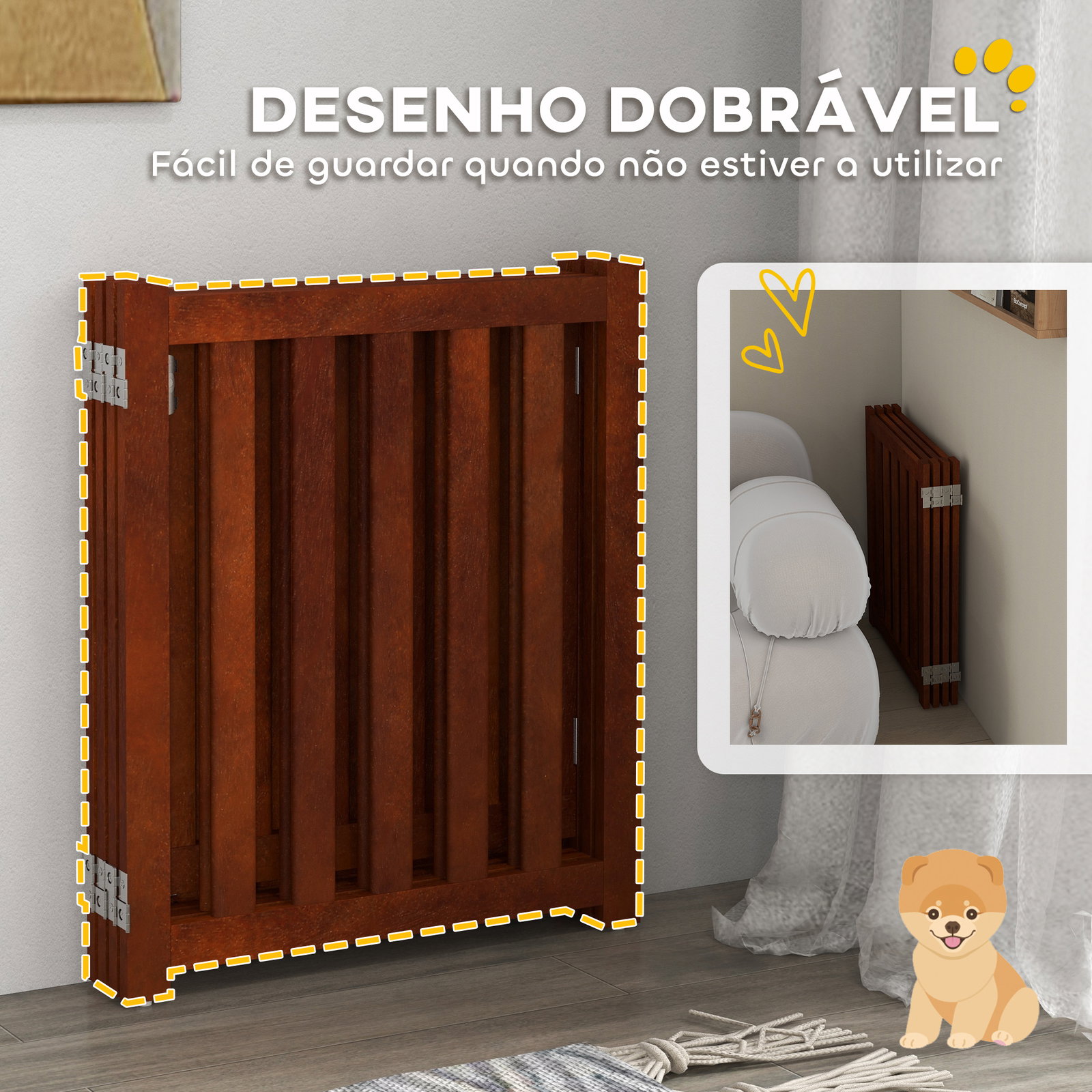 Barreira de segurança para cães dobrável barreira para cães pequenos com 4 painéis com suporte de pé 205x30x60 cm madeira