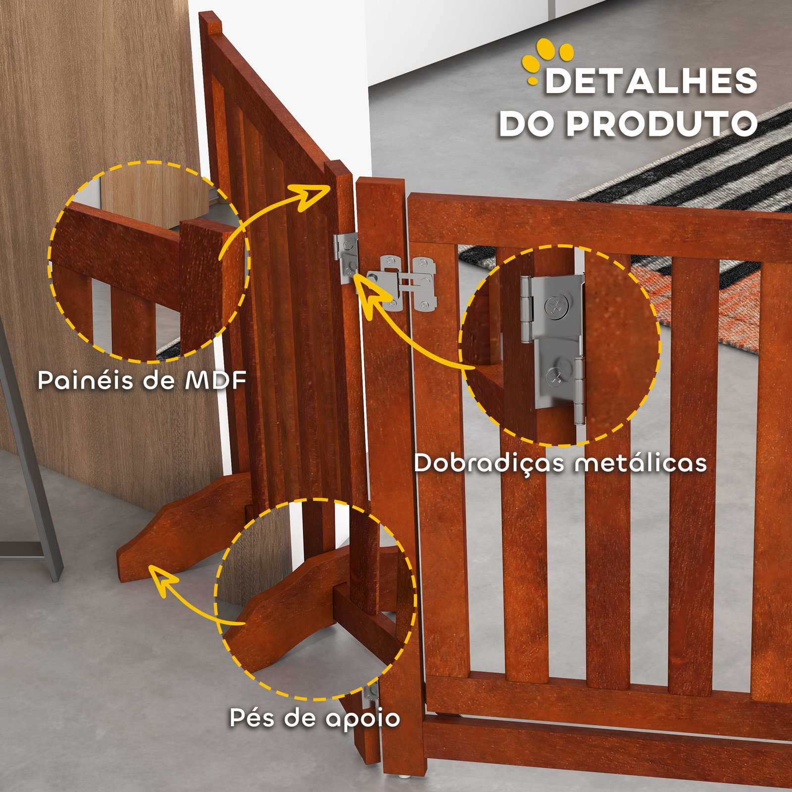 Barreira de segurança para cães dobrável barreira para cães pequenos com 4 painéis com suporte de pé 205x30x60 cm madeira