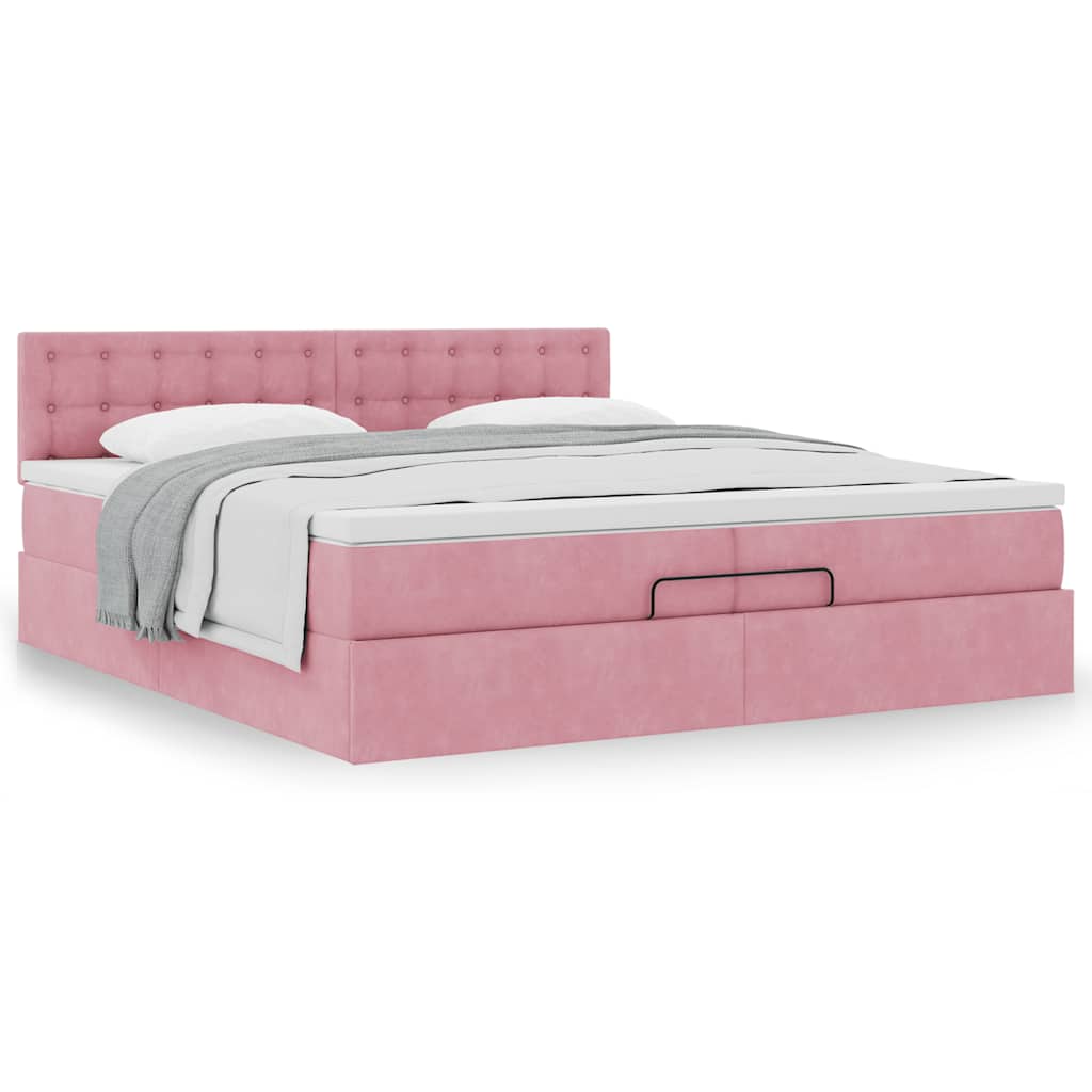 Estrutura de cama otomana com colchão 200x200 cm veludo rosa