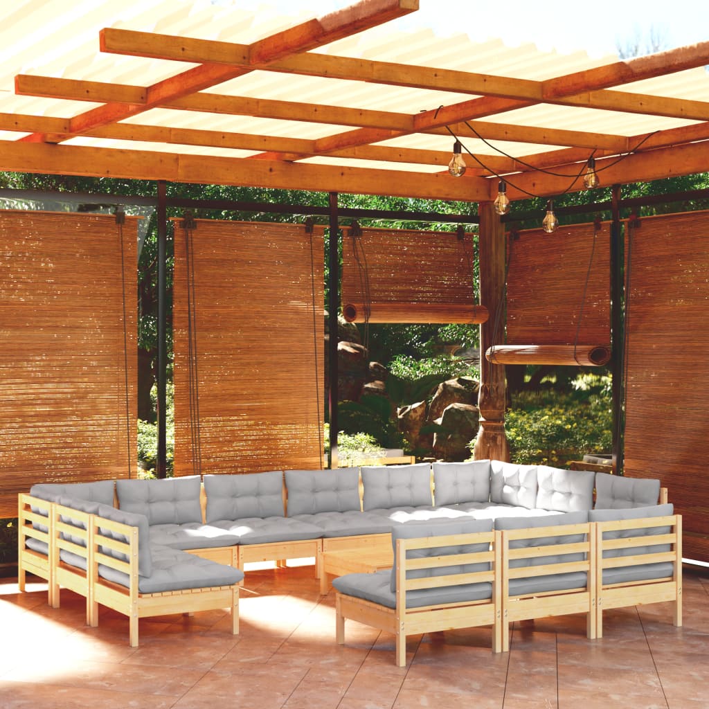 14Pcs conjunto lounge de jardim + almofadões cinza pinho maciço