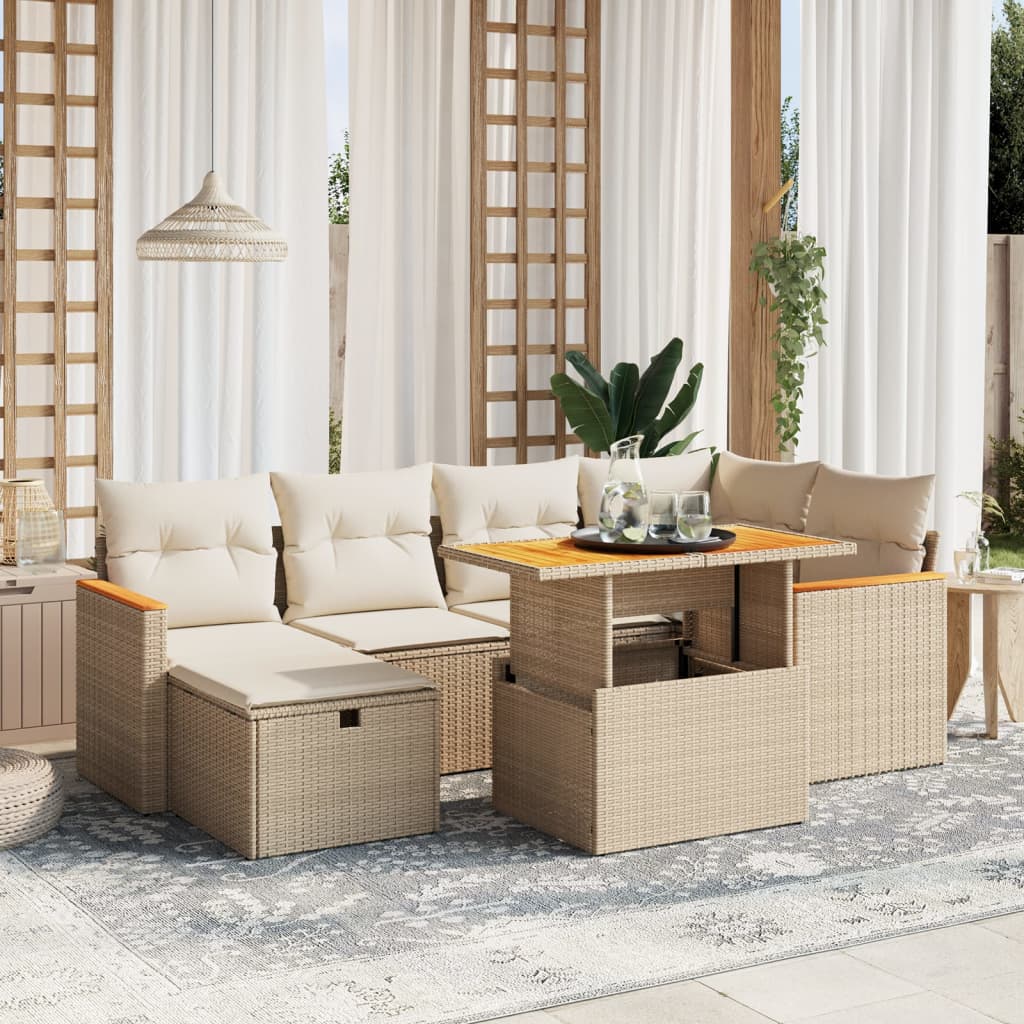 7 Pcs conjunto de sofás p/ jardim com almofadões vime PE bege