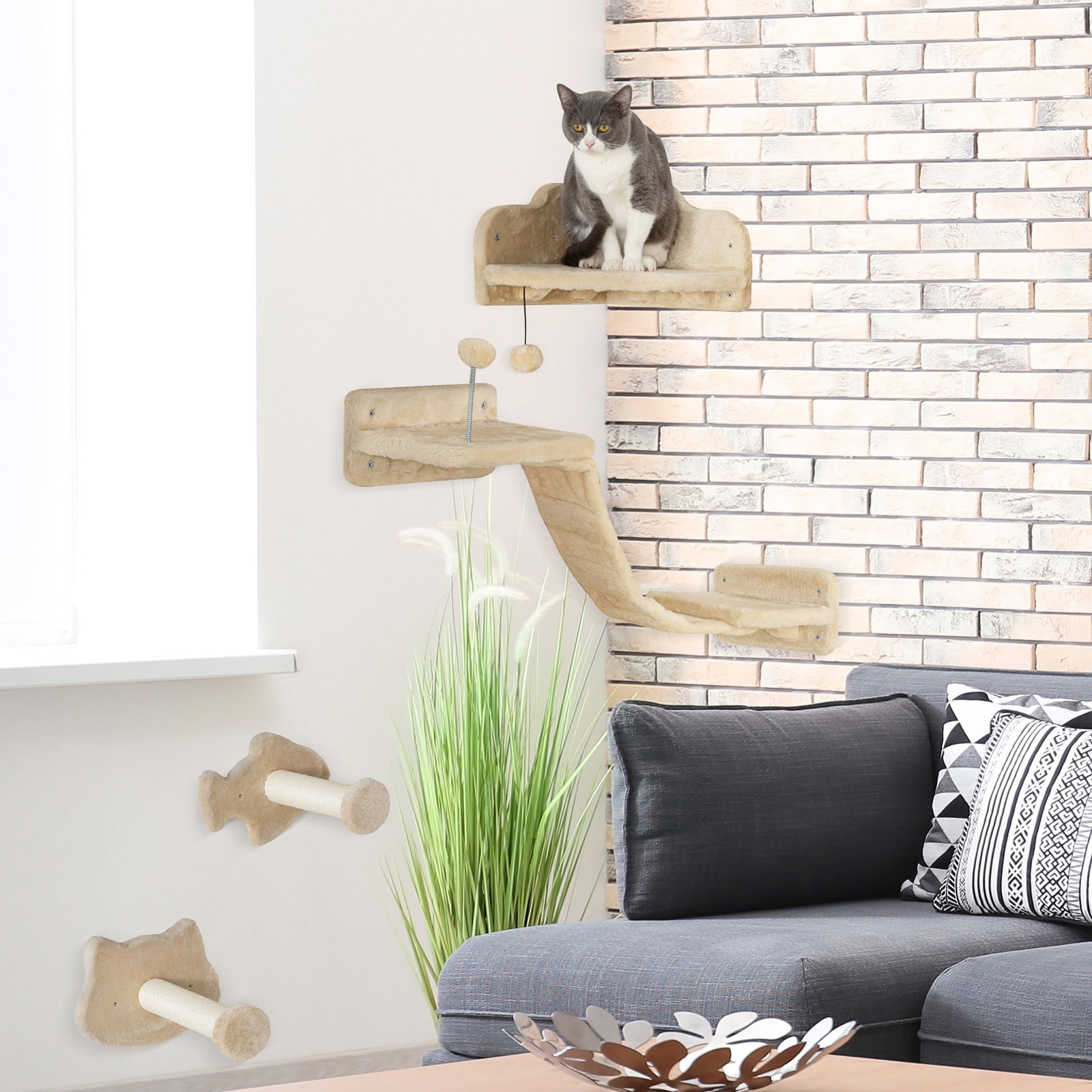 Conjunto de prateleiras de escalada para gatos de 4 peças com 2 postes de sisal e plataforma para saltar bege