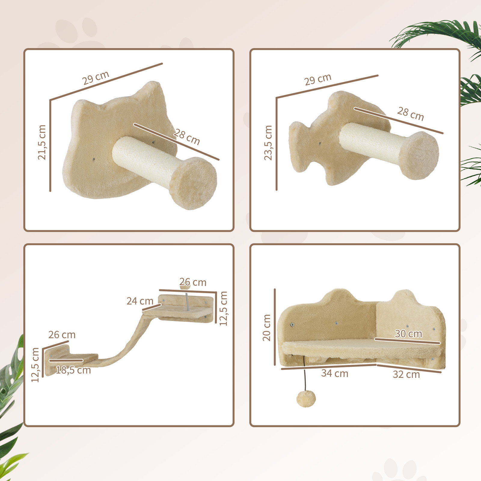 Conjunto de prateleiras de escalada para gatos de 4 peças com 2 postes de sisal e plataforma para saltar bege